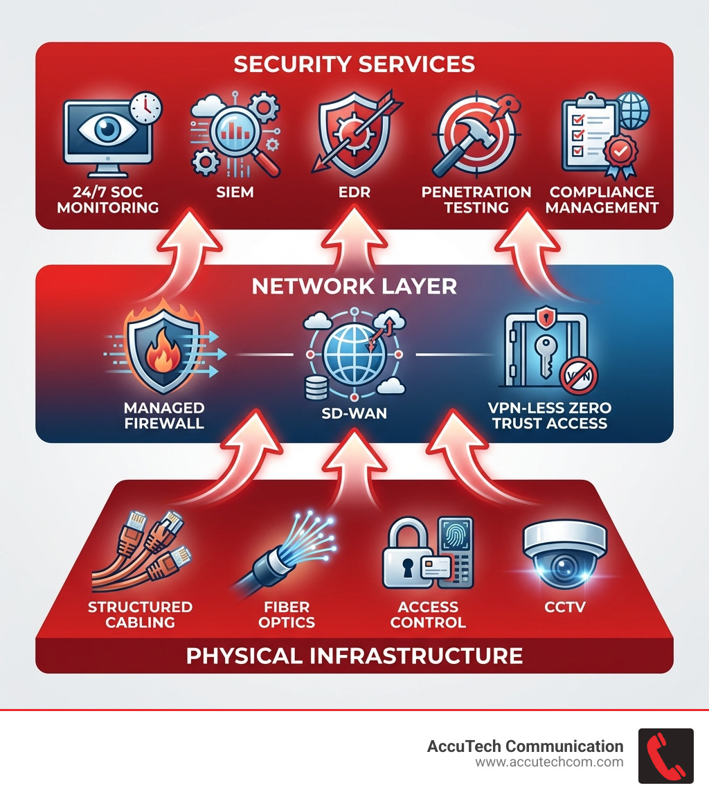 Infographic showing a layered commercial network security model including physical infrastructure at the base (structured cabling, fiber optics, access control, CCTV), network layer in the middle (managed firewall, SD-WAN, VPN-less Zero Trust access), and security services at the top (24/7 SOC monitoring, SIEM, EDR, penetration testing, compliance management) — with arrows showing how each layer protects the one above it - Network and Security Services Rhode Island infographic 