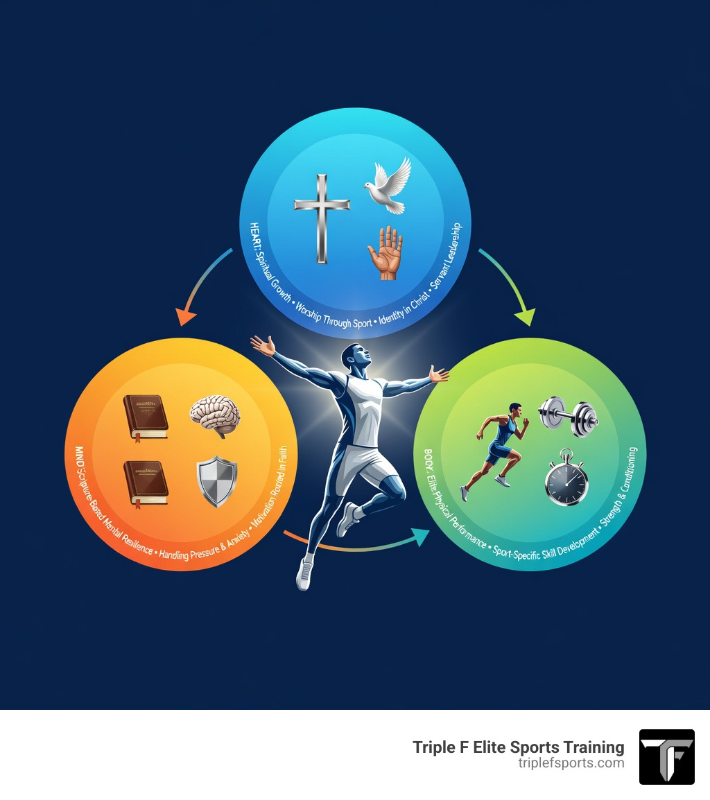 Infographic showing the integration of Heart, Mind, and Body in faith-based sports training: Heart (spiritual growth, worship through sport, identity in Christ, servant leadership), Mind (Scripture-based mental resilience, handling pressure and anxiety, motivation rooted in faith), Body (elite physical performance, sport-specific skill development, strength and conditioning) - all three connecting to the central concept of the Total Athlete - faith-based sports training infographic Infographic showing the integration of Heart, Mind, and Body in faith-based sports training: Heart (spiritual growth, worship through sport, identity in Christ, servant leadership), Mind (Scripture-based mental resilience, handling pressure and anxiety, motivation rooted in faith), Body (elite physical performance, sport-specific skill development, strength and conditioning) - all three connecting to the central concept of the Total Athlete - faith-based sports training infographic