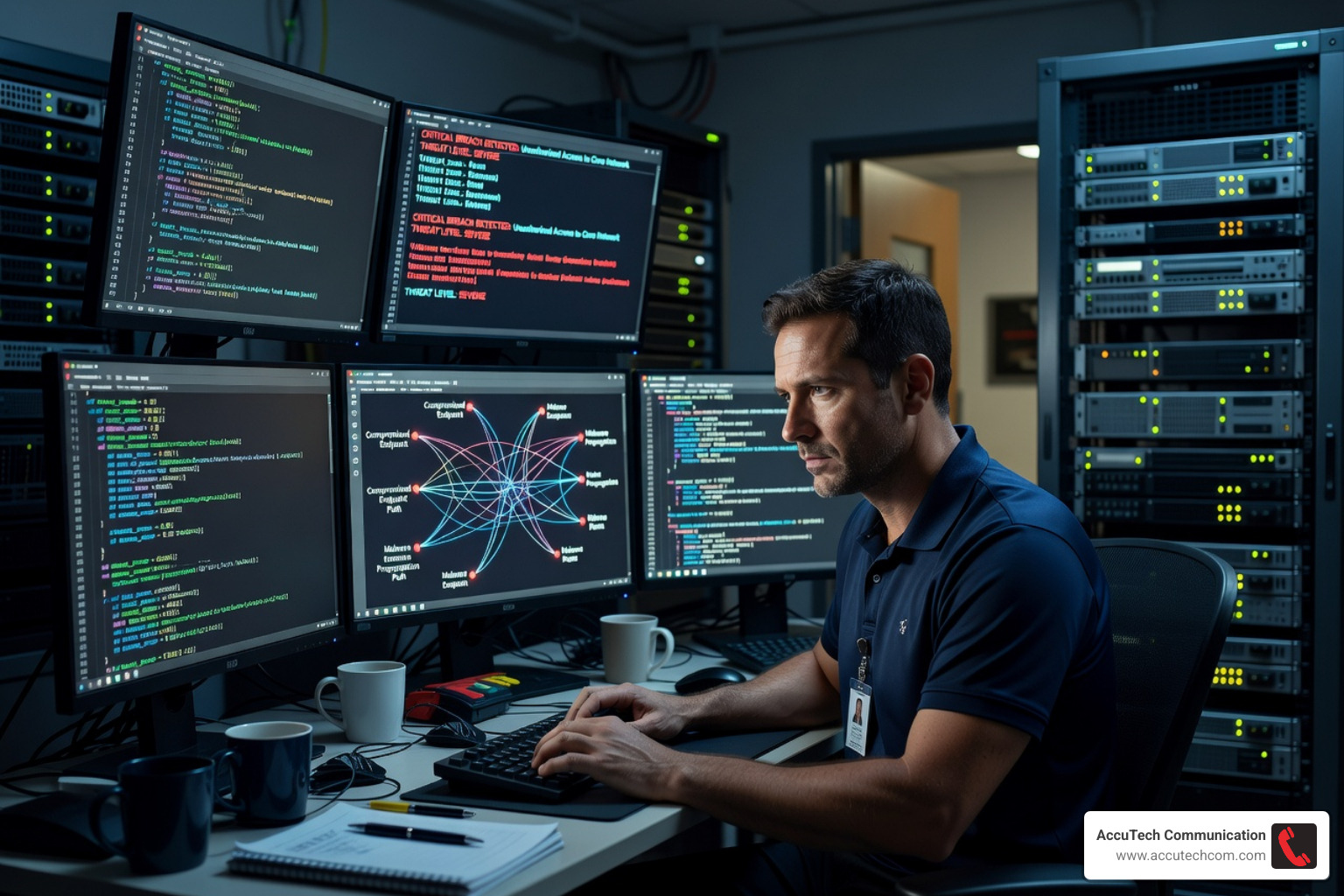 A qualified technician analyzing a security breach on multiple monitors in a dark room - Network and Security Services Rhode Island