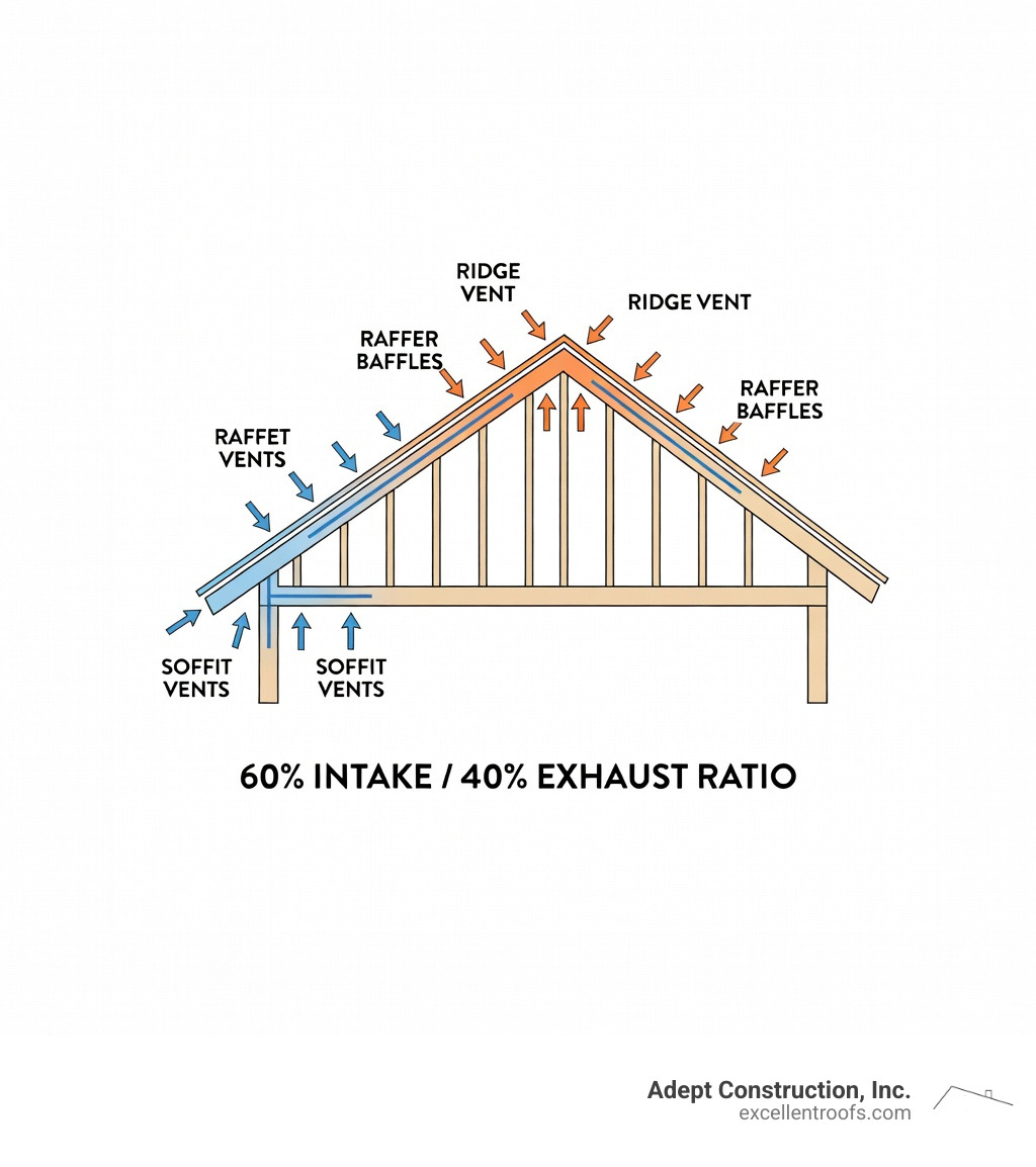 Infographic showing the stack effect and natural convection in a residential attic: cool air entering through soffit vents at the eave level, traveling up along the roof deck through rafter baffles, and warm moist air exhausting out through a ridge vent at the peak, with labeled arrows indicating airflow direction, temperature zones, and the 60/40 intake-to-exhaust ratio recommended by building professionals - residential roof ventilation infographic 
