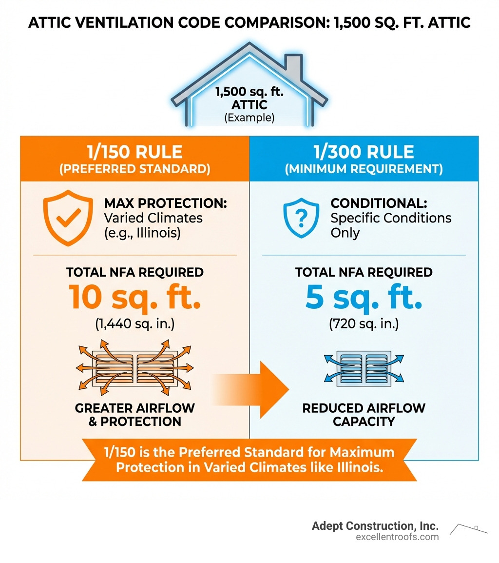 Table comparing 1/150 and 1/300 code requirements for attic ventilation. For a 1,500 sq. ft. attic, the 1/150 rule requires 10 sq. ft. of total NFA (1,440 sq. in.), while the 1/300 rule requires 5 sq. ft. of total NFA (720 sq. in.). The table highlights that 1/150 is the preferred standard for maximum protection in varied climates like Illinois. - residential roof ventilation infographic 