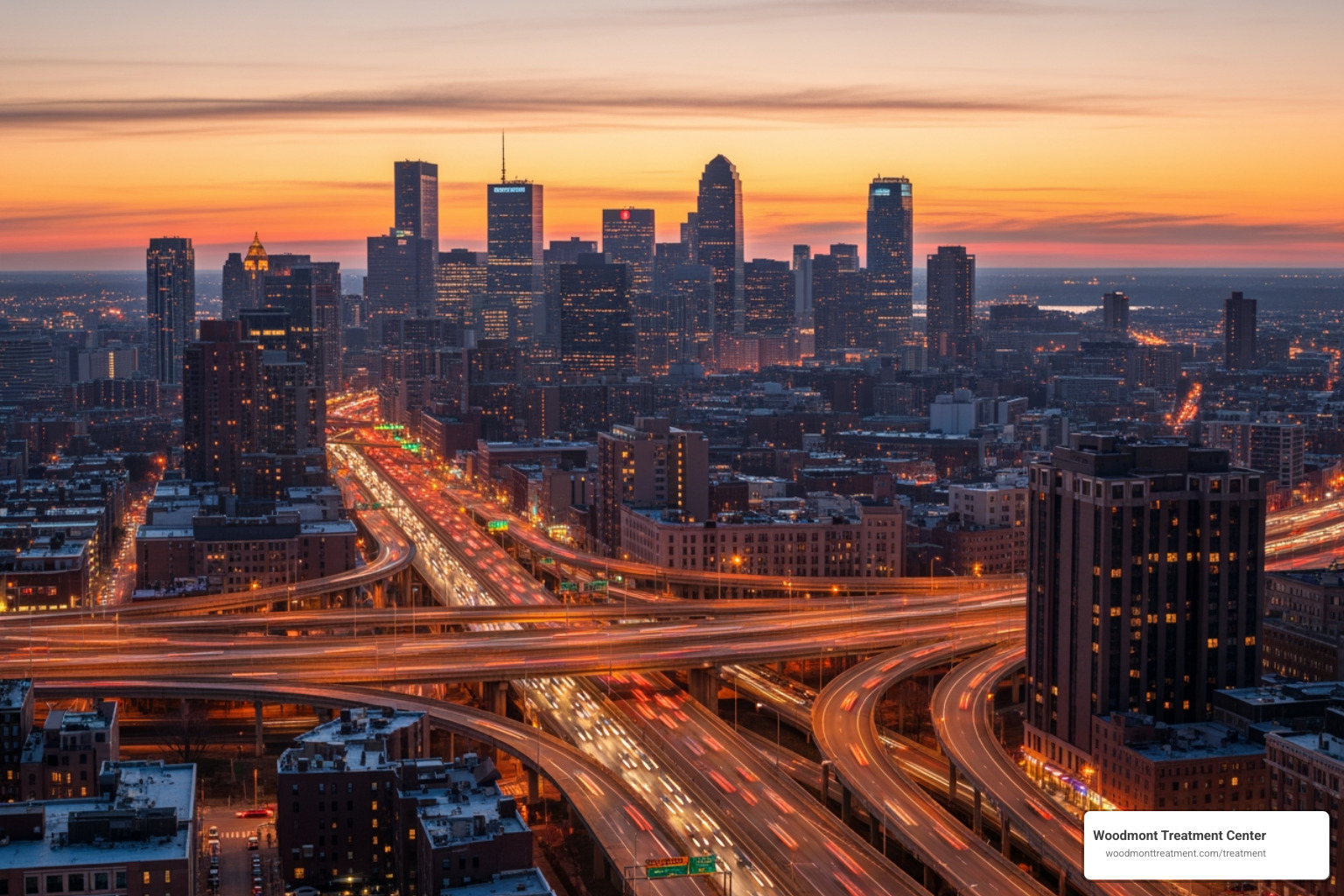 Newark city skyline at sunset showing the urban environment where addiction rates are high and treatment resources are concentrated - Alcohol Rehab in Essex County Newark city skyline at sunset showing the urban environment where addiction rates are high and treatment resources are concentrated - Alcohol Rehab in Essex County