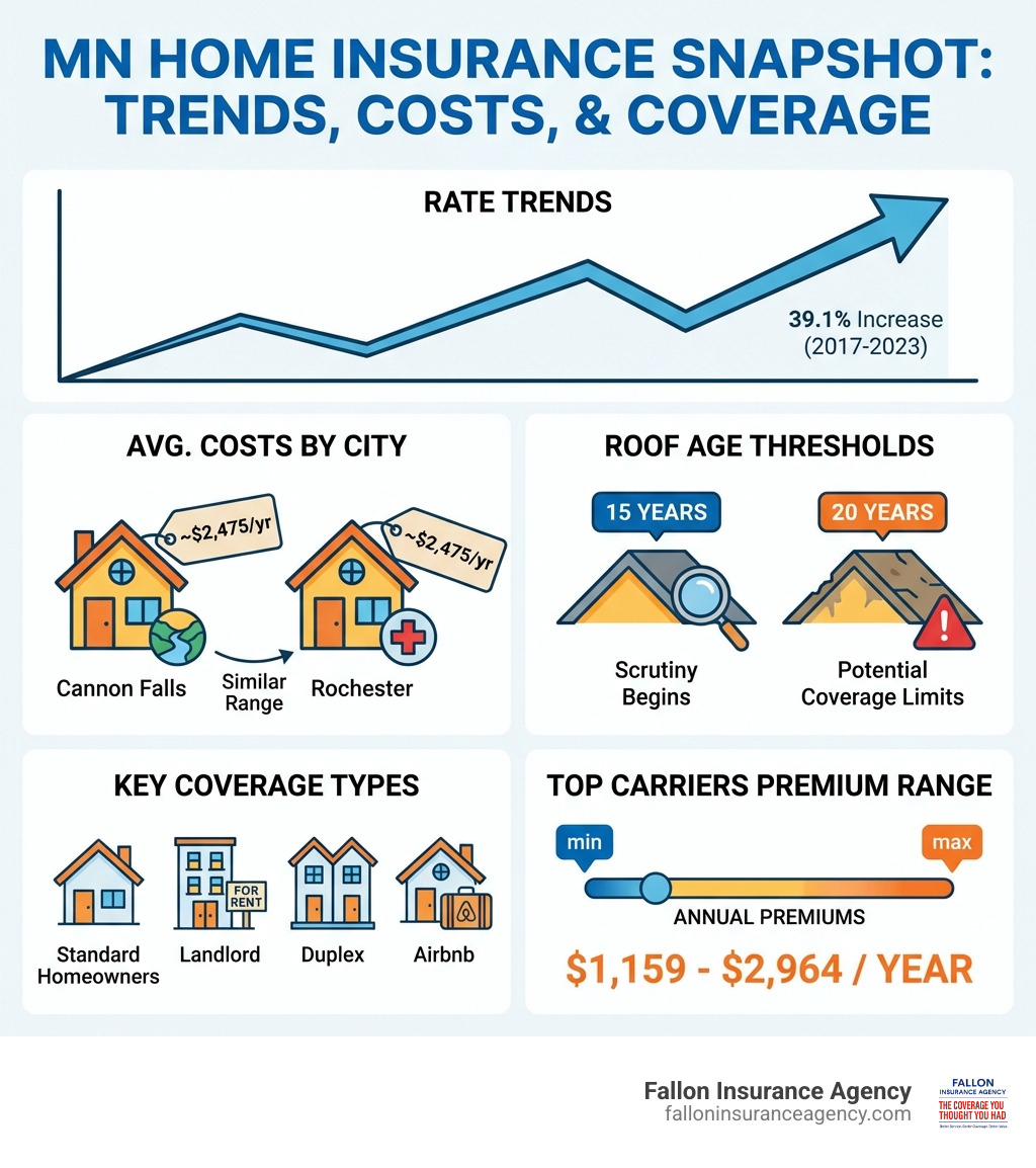 Infographic showing Minnesota home insurance rate trends, average costs by city including Cannon Falls and Rochester, key coverage types including standard homeowners, landlord, duplex, and Airbnb, roof age thresholds at 15 and 20 years, and top insurance carriers with annual premium ranges from $1,159 to $2,964 - home insurance Cannon Falls MN  best home insurance in Cannon Falls  homeowners insurance Goodhue County MN  how much is home insurance in Cannon Falls  roof age requirements for home insurance MN  home insurance for older homes Minnesota  new construction home insurance MN  landlord insurance Cannon Falls MN  duplex insurance Minnesota  Airbnb insurance Minnesota infographic 