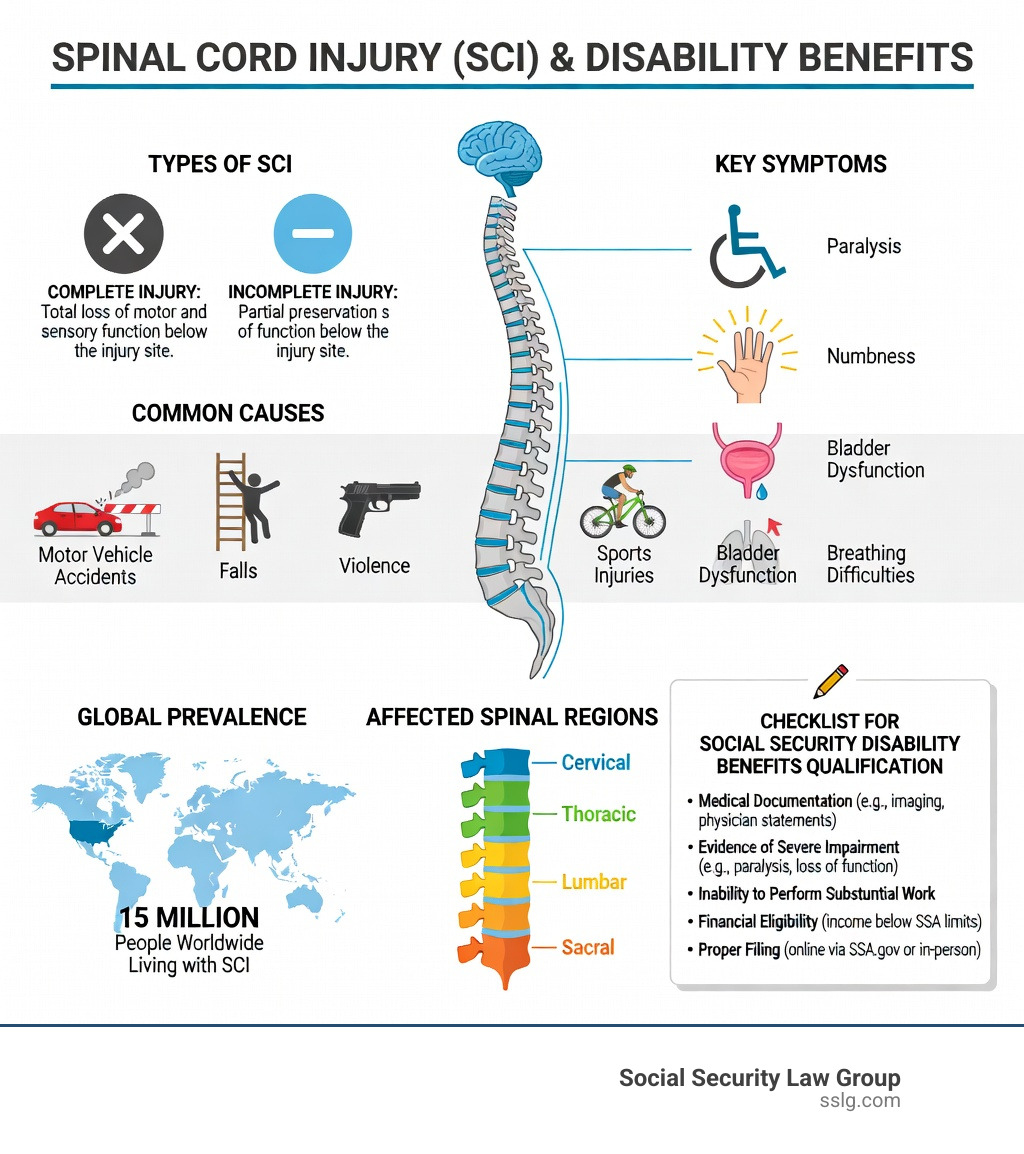 Infographic showing the types of spinal cord injury (complete vs incomplete), common causes (motor vehicle accidents, falls, violence, sports), key symptoms (paralysis, numbness, bladder dysfunction, breathing difficulties), affected spinal regions (cervical, thoracic, lumbar, sacral), global prevalence of 15 million people living with SCI, and a checklist of what is needed to qualify for Social Security disability benefits - spinal cord injury infographic Infographic showing the types of spinal cord injury (complete vs incomplete), common causes (motor vehicle accidents, falls, violence, sports), key symptoms (paralysis, numbness, bladder dysfunction, breathing difficulties), affected spinal regions (cervical, thoracic, lumbar, sacral), global prevalence of 15 million people living with SCI, and a checklist of what is needed to qualify for Social Security disability benefits - spinal cord injury infographic