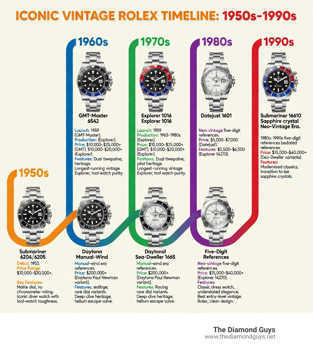 Infographic showing a timeline of iconic vintage Rolex model releases from the 1950s to 1990s, including the Submariner debut in 1953, GMT-Master launch in 1959, Explorer 1016 production run from 1963 to the 1980s, Daytona manual-wind era references, and the neo-vintage 1980s–1990s five-digit references, with price ranges and key features listed for each model era - Vintage Rolex watches infographic Infographic showing a timeline of iconic vintage Rolex model releases from the 1950s to 1990s, including the Submariner debut in 1953, GMT-Master launch in 1959, Explorer 1016 production run from 1963 to the 1980s, Daytona manual-wind era references, and the neo-vintage 1980s–1990s five-digit references, with price ranges and key features listed for each model era - Vintage Rolex watches infographic
