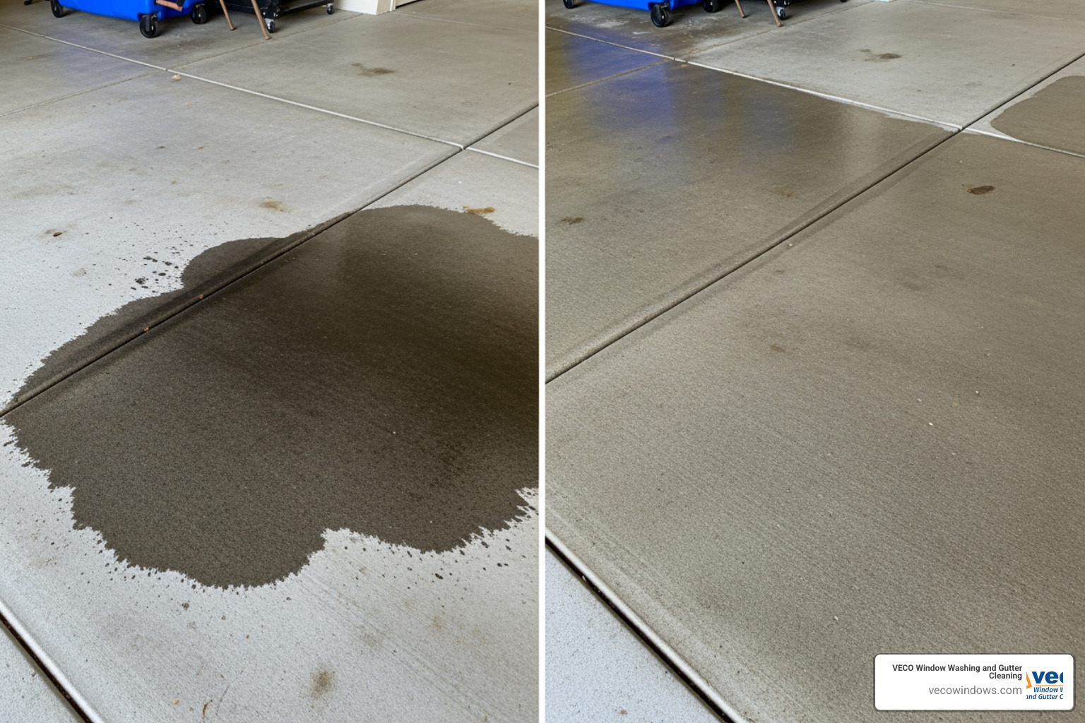 Before and after of a professional oil stain removal on a concrete garage floor using hot water and industrial degreasers - concrete cleaning highland park