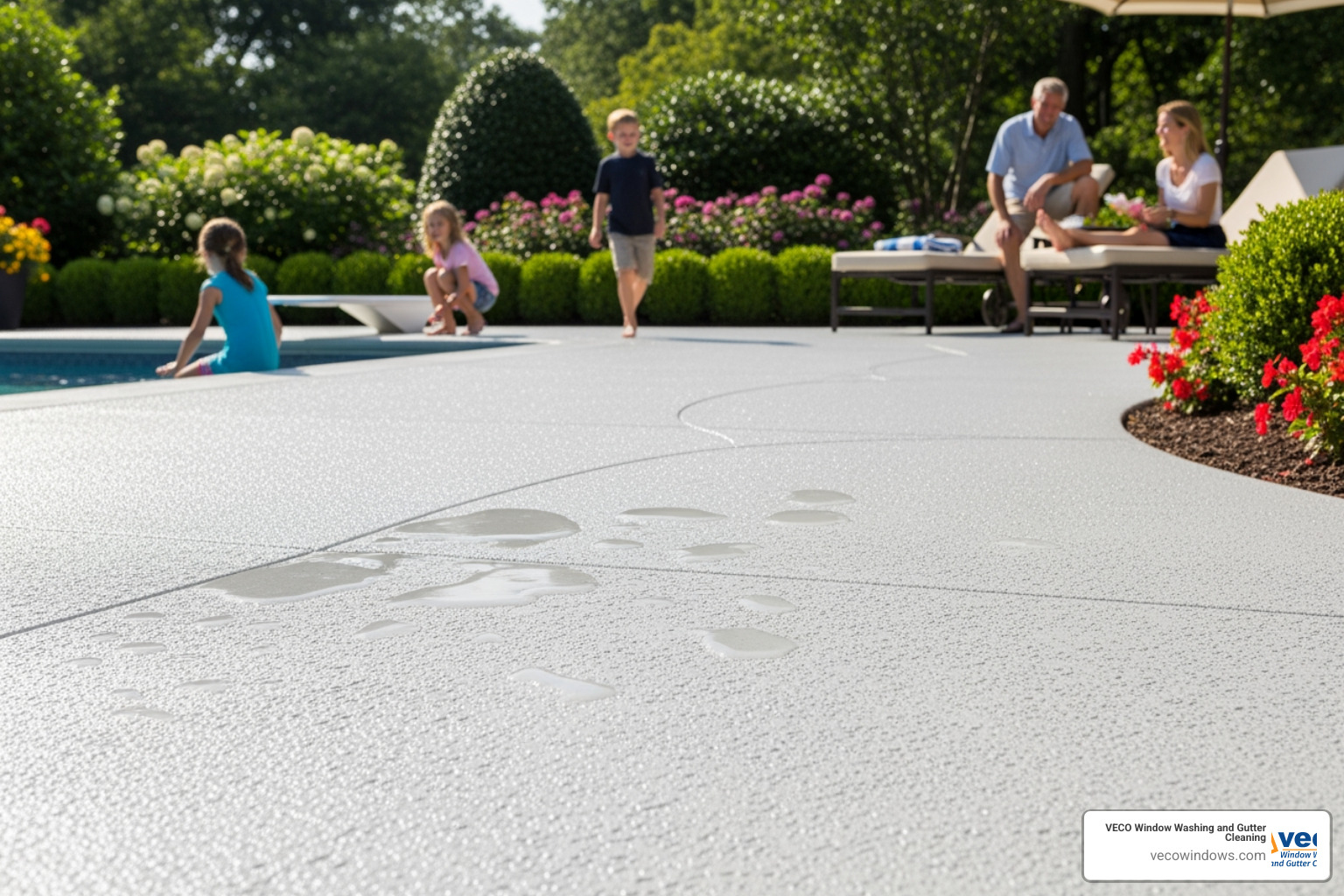 A clean, slip-resistant pool deck in a Highland Park backyard, showing the bright, safe surface after professional cleaning - concrete cleaning highland park