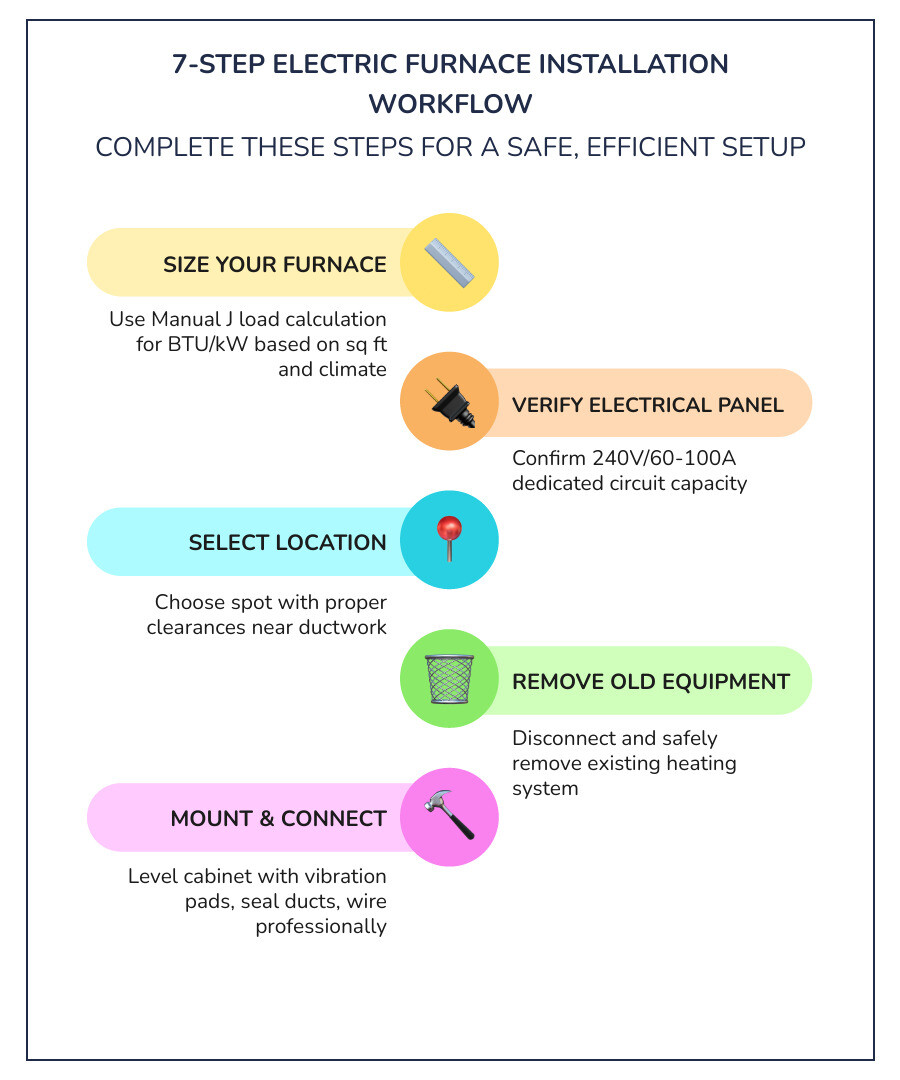 Infographic showing the 7-step electric furnace installation workflow: Step 1 - Size your furnace using Manual J load calculation; Step 2 - Verify electrical panel has 240V/60-100A capacity; Step 3 - Select location with proper clearances; Step 4 - Remove old heating equipment; Step 5 - Mount and level new furnace cabinet with vibration pads; Step 6 - Connect ductwork with foil tape/mastic and hire electrician for 240V wiring; Step 7 - Test airflow, temperature rise (40-70°F), and amperage draw - Electric furnace installation infographic infographic-line-5-steps-colors Infographic showing the 7-step electric furnace installation workflow: Step 1 - Size your furnace using Manual J load calculation; Step 2 - Verify electrical panel has 240V/60-100A capacity; Step 3 - Select location with proper clearances; Step 4 - Remove old heating equipment; Step 5 - Mount and level new furnace cabinet with vibration pads; Step 6 - Connect ductwork with foil tape/mastic and hire electrician for 240V wiring; Step 7 - Test airflow, temperature rise (40-70°F), and amperage draw - Electric furnace installation infographic infographic-line-5-steps-colors