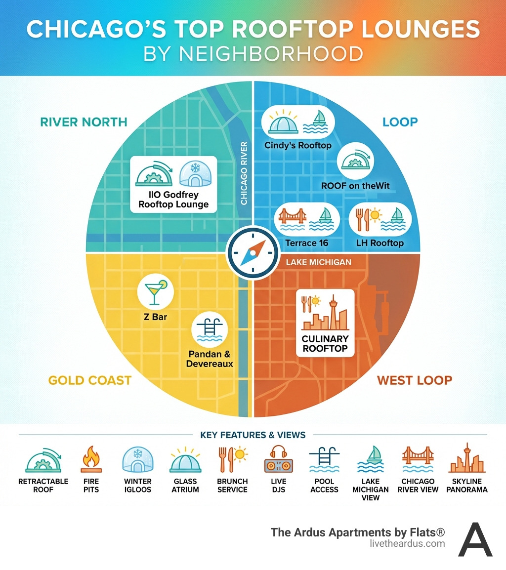 Infographic showing Chicago's top rooftop lounges by neighborhood (River North, Loop, Gold Coast, West Loop), with icons indicating key features: retractable roofs, fire pits, winter igloos, glass atriums, brunch service, live DJs, pool access, and view types including Lake Michigan, Chicago River, and skyline panoramas - Rooftop Lounges Chicago infographic Infographic showing Chicago's top rooftop lounges by neighborhood (River North, Loop, Gold Coast, West Loop), with icons indicating key features: retractable roofs, fire pits, winter igloos, glass atriums, brunch service, live DJs, pool access, and view types including Lake Michigan, Chicago River, and skyline panoramas - Rooftop Lounges Chicago infographic