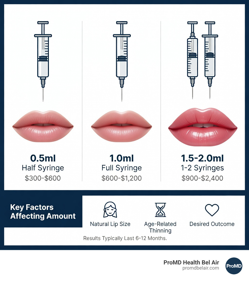 Infographic showing lip filler amount guide: 0.5ml half syringe for subtle definition and hydration vs 1.0ml full syringe for moderate plumping vs 1.5-2.0ml for dramatic volume, with cost ranges, longevity of 6-12 months, and key factors affecting amount including natural lip size, age-related thinning, and desired outcome - How much lip filler infographic Infographic showing lip filler amount guide: 0.5ml half syringe for subtle definition and hydration vs 1.0ml full syringe for moderate plumping vs 1.5-2.0ml for dramatic volume, with cost ranges, longevity of 6-12 months, and key factors affecting amount including natural lip size, age-related thinning, and desired outcome - How much lip filler infographic