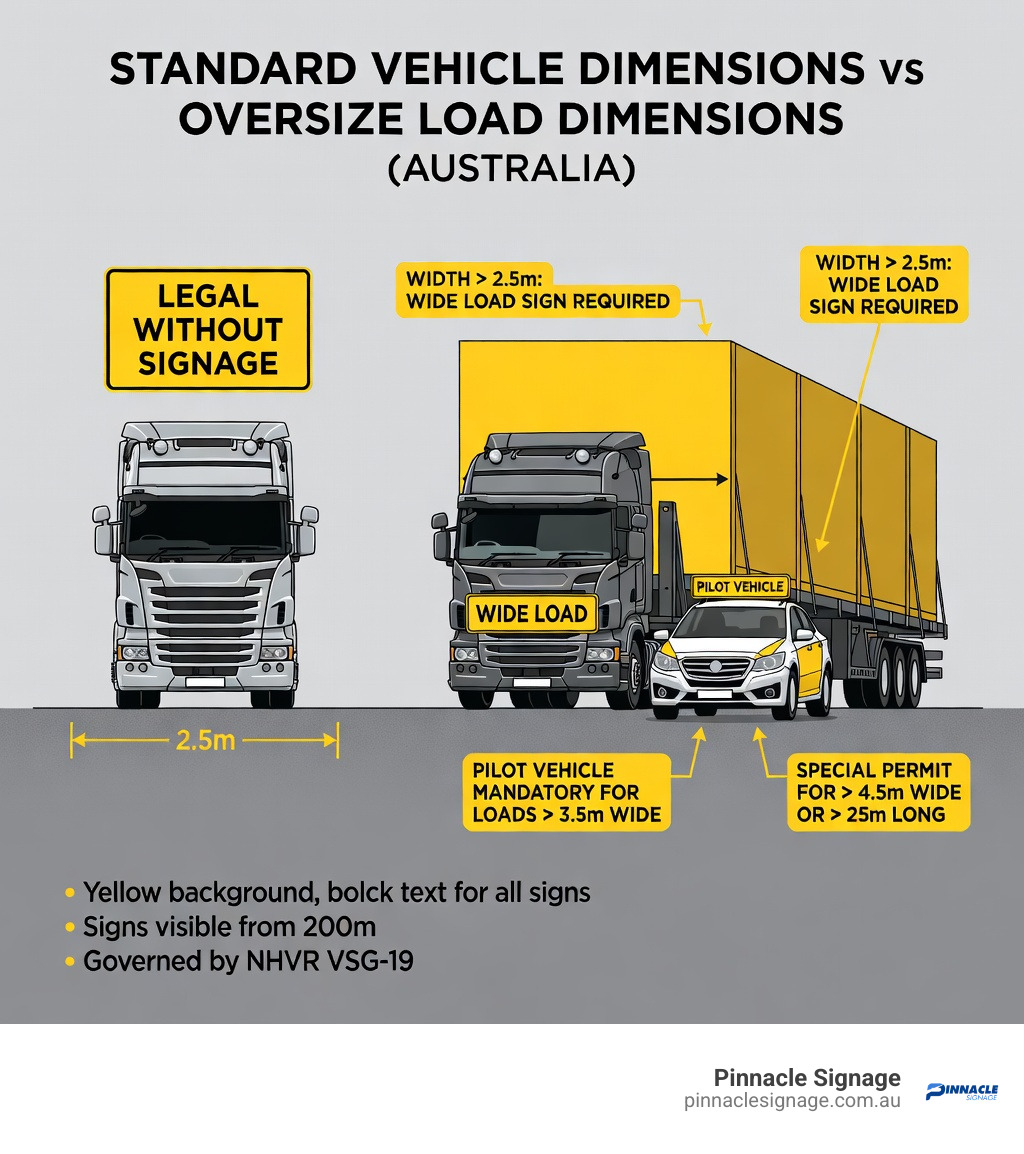 Educational infographic comparing standard vehicle dimensions to wide load sign requirements for oversize transport in Australia.