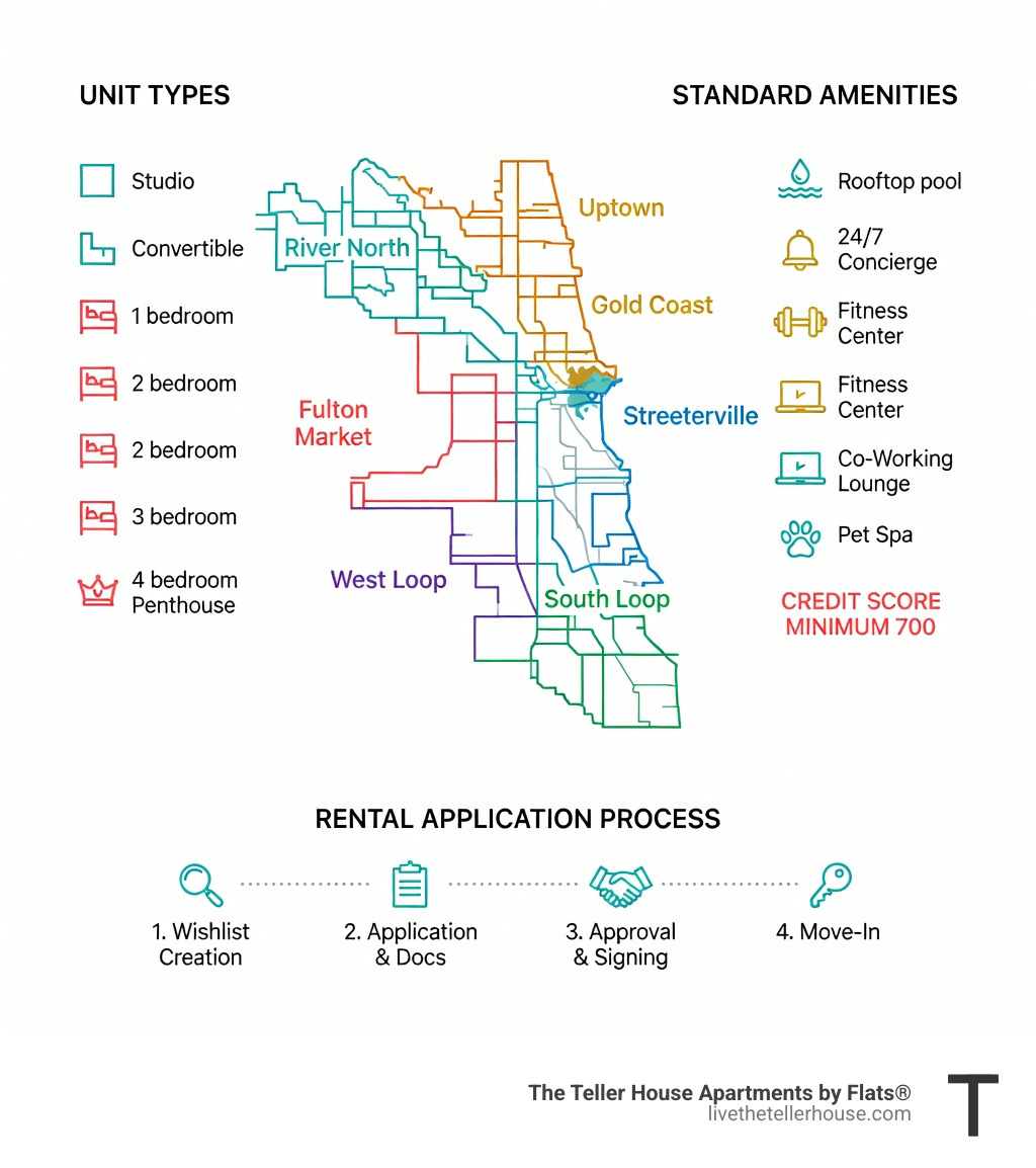 Infographic showing Chicago luxury apartment rental overview: key neighborhoods (River North, Fulton Market, Streeterville, Gold Coast, West Loop, South Loop, Uptown), unit types from studios to 4-bedroom penthouses, standard amenities checklist including rooftop pools and 24/7 concierge, and a step-by-step rental application process - Chicago luxury apartment rentals infographic 