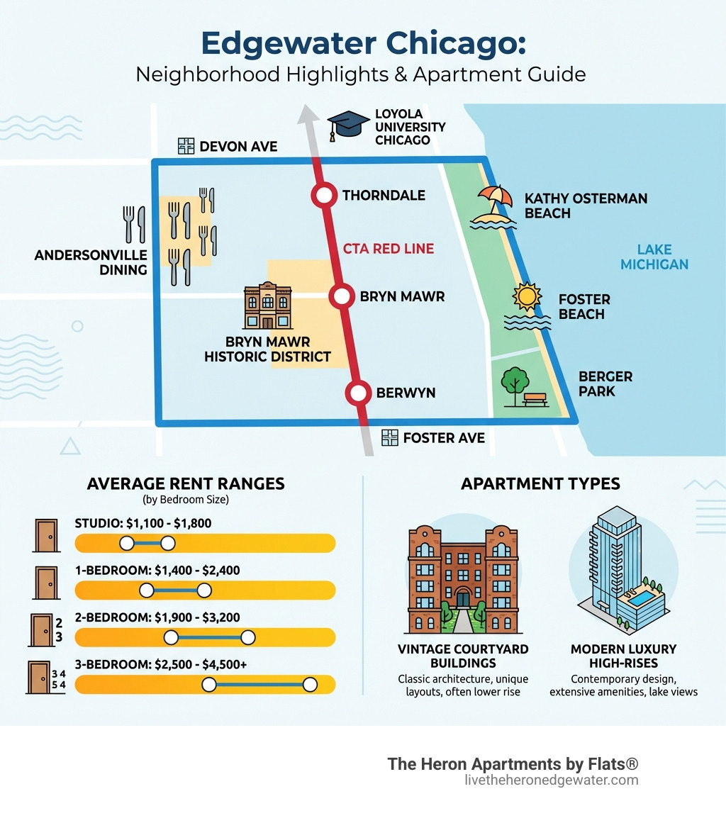 Infographic showing Edgewater Chicago neighborhood highlights: map of boundaries from Foster Ave to Devon Ave along Lake Michigan; average rent ranges by bedroom size (studio through 3-bedroom); CTA Red Line stops at Berwyn, Bryn Mawr, and Thorndale; key lifestyle features including Foster Beach, Kathy Osterman Beach, Berger Park, Bryn Mawr Historic District, and Andersonville dining; apartment types ranging from vintage courtyard buildings to modern luxury high-rises; nearby universities including Loyola University Chicago - Edgewater apartments Chicago infographic 
