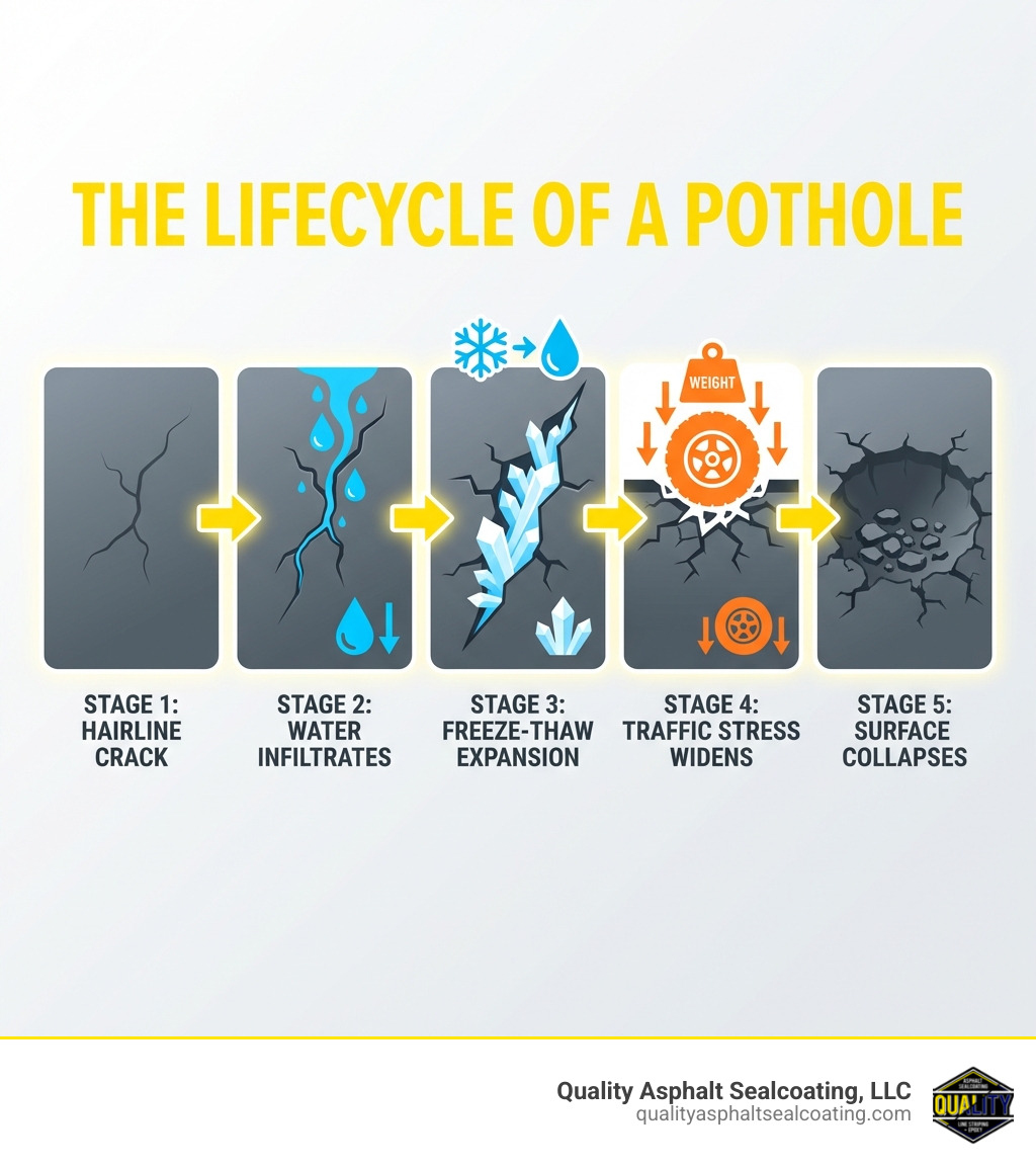 Infographic showing the lifecycle of a pothole: Stage 1 - hairline crack in asphalt surface; Stage 2 - water infiltrates crack; Stage 3 - freeze-thaw cycle expands crack; Stage 4 - traffic stress widens damage; Stage 5 - surface collapses into bowl-shaped pothole crater; with arrows connecting each stage and icons for water, ice, and vehicle weight - pot hole filling infographic