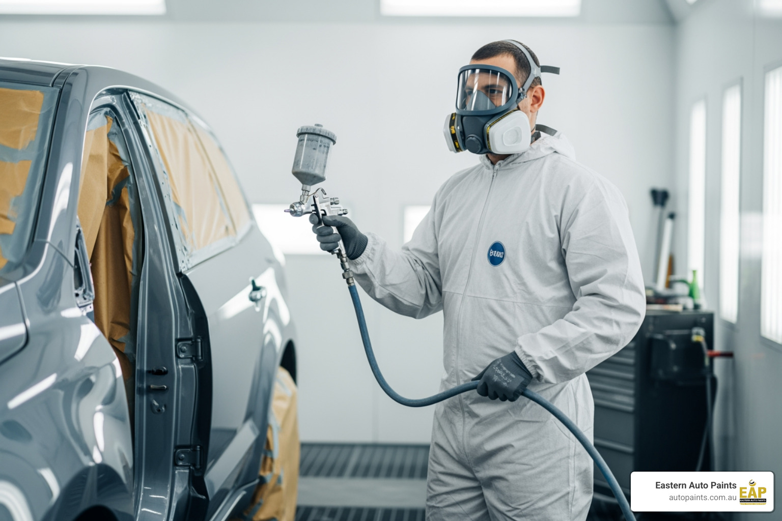 Professional painter in a protective suit and respirator applying low VOC automotive paint to a vehicle in a spray booth.