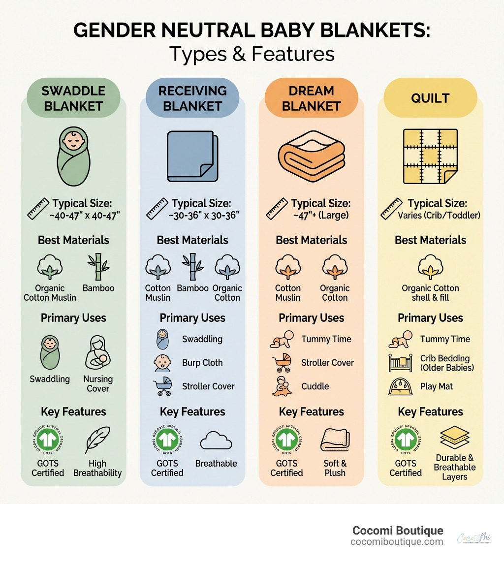 Infographic showing the different types of gender neutral baby blankets — swaddle blankets, receiving blankets, dream blankets, and quilts — with their typical sizes, best materials (cotton muslin, organic cotton, bamboo), primary uses (swaddling, tummy time, stroller cover, nursing cover), and key features like GOTS certification and breathability ratings - gender neutral baby blankets infographic Infographic showing the different types of gender neutral baby blankets — swaddle blankets, receiving blankets, dream blankets, and quilts — with their typical sizes, best materials (cotton muslin, organic cotton, bamboo), primary uses (swaddling, tummy time, stroller cover, nursing cover), and key features like GOTS certification and breathability ratings - gender neutral baby blankets infographic