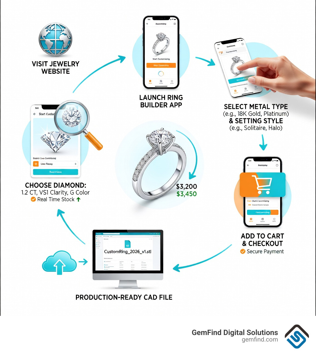 Infographic showing the digital jewelry customization journey: customer visits jewelry website, launches ring builder app, selects metal type and setting style, chooses diamond from live inventory feed, sees real-time 3D preview and price update, adds to cart and checks out, store receives production-ready CAD file for manufacturing - Ring Builder App infographic Infographic showing the digital jewelry customization journey: customer visits jewelry website, launches ring builder app, selects metal type and setting style, chooses diamond from live inventory feed, sees real-time 3D preview and price update, adds to cart and checks out, store receives production-ready CAD file for manufacturing - Ring Builder App infographic