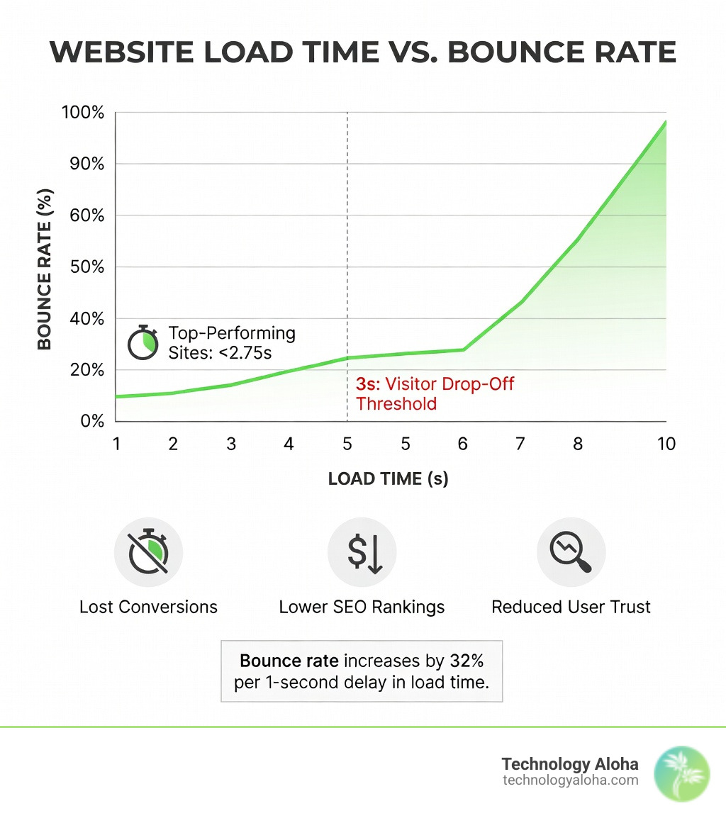 Infographic showing the relationship between website load time in seconds and bounce rate percentage, with a timeline axis from 1 to 10 seconds, bounce rate increasing steeply after 3 seconds, and key callouts: under 2.75s for top-performing sites, 3s as the visitor drop-off threshold, and icons representing lost conversions, lower SEO rankings, and reduced user trust at each stage - site speed optimization infographic 