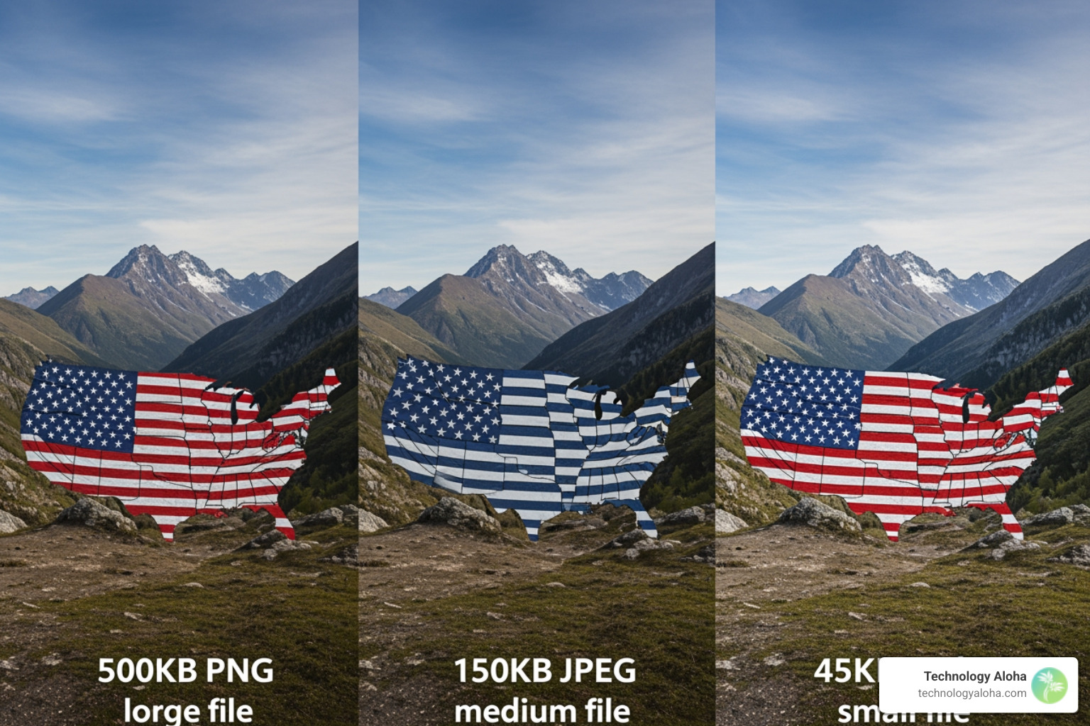 Visual comparison of three identical images: the first is a 500KB PNG, the second a 150KB JPEG, and the third a 45KB WebP, showing that WebP maintains high visual quality while significantly reducing file size for faster loading - site speed optimization