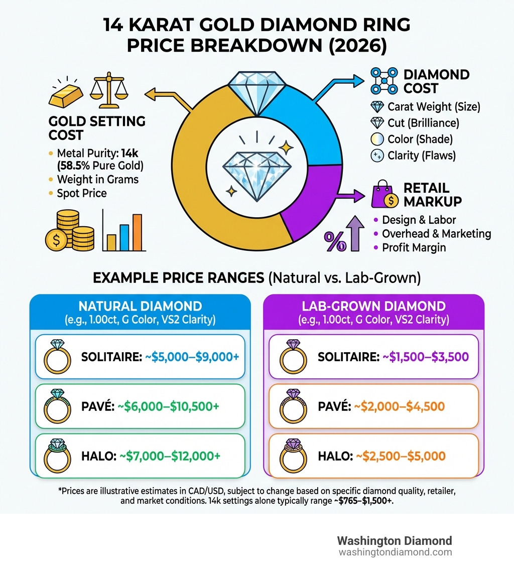Infographic showing the breakdown of a 14 karat gold diamond ring's total price: gold setting cost (metal purity 58.5%, weight in grams, spot price), diamond cost (carat weight, cut, color, clarity), and retail markup - with example price ranges for natural vs. lab-grown diamonds in solitaire, pavé, and halo styles - 14 karat gold diamond ring price infographic 