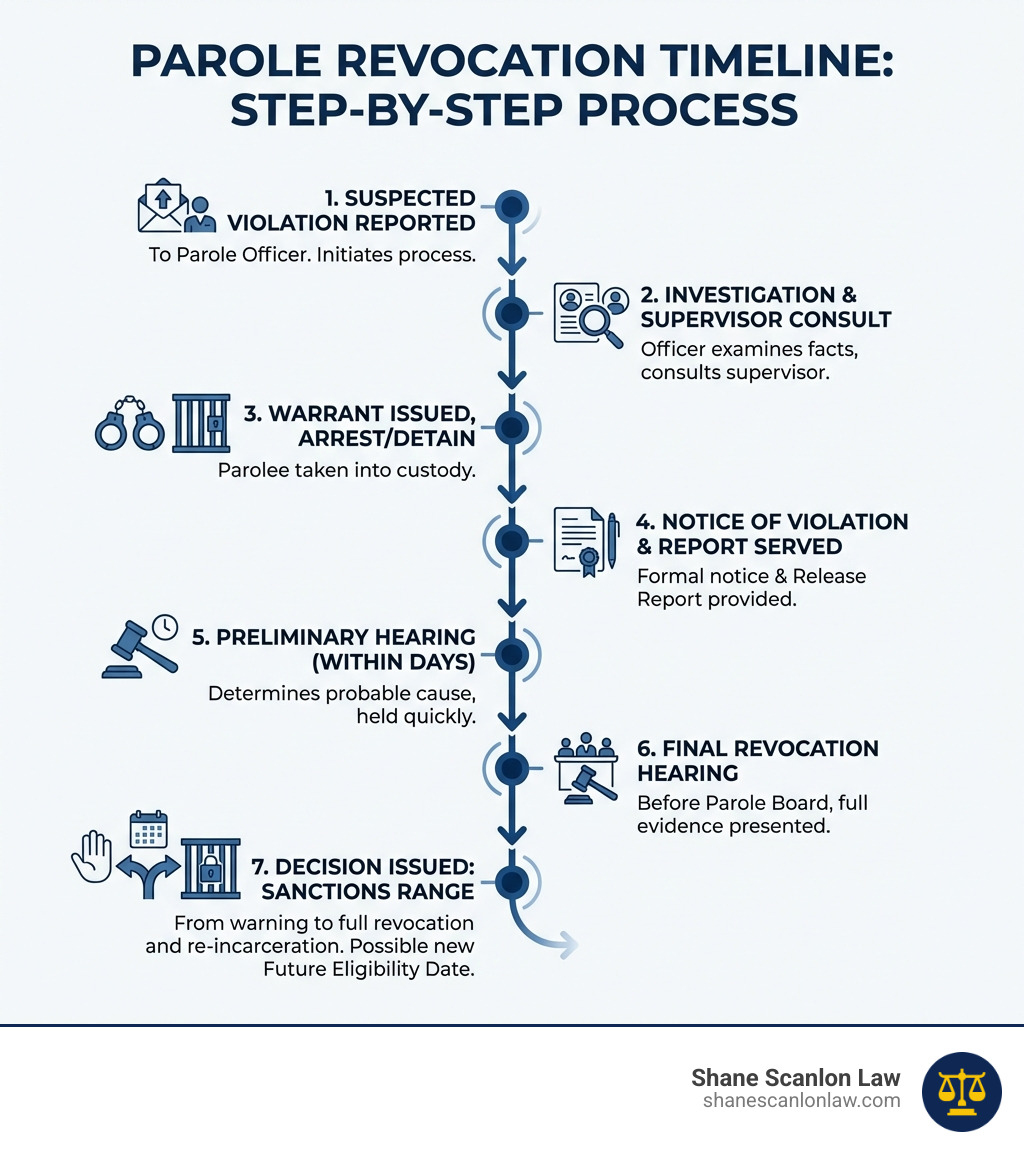 Step-by-step parole revocation timeline infographic showing: 1) Suspected violation reported to parole officer, 2) Officer investigates and consults supervisor, 3) Warrant issued and parolee arrested or detained, 4) Notice of Violation and Violation of Release Report served, 5) Preliminary hearing held within days, 6) Final revocation hearing before parole board, 7) Decision issued — sanctions range from warning to full revocation and re-incarceration, with possible new Future Eligibility Date - parole violation lawyers infographic Step-by-step parole revocation timeline infographic showing: 1) Suspected violation reported to parole officer, 2) Officer investigates and consults supervisor, 3) Warrant issued and parolee arrested or detained, 4) Notice of Violation and Violation of Release Report served, 5) Preliminary hearing held within days, 6) Final revocation hearing before parole board, 7) Decision issued — sanctions range from warning to full revocation and re-incarceration, with possible new Future Eligibility Date - parole violation lawyers infographic