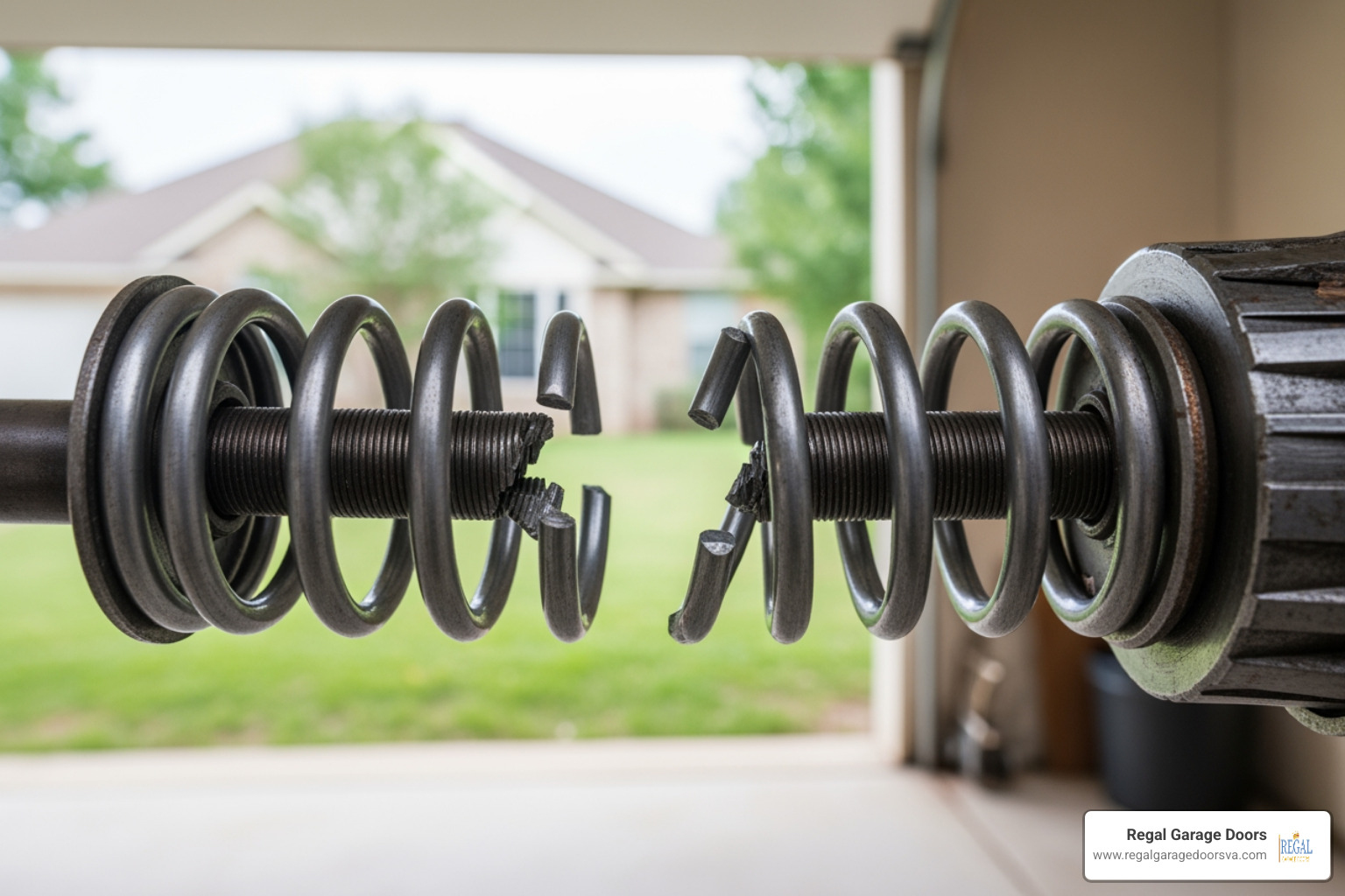 Close-up of a snapped torsion spring on a garage door shaft showing the gap between the coils and the dangerous tension involved - charlottesville garage door repair
