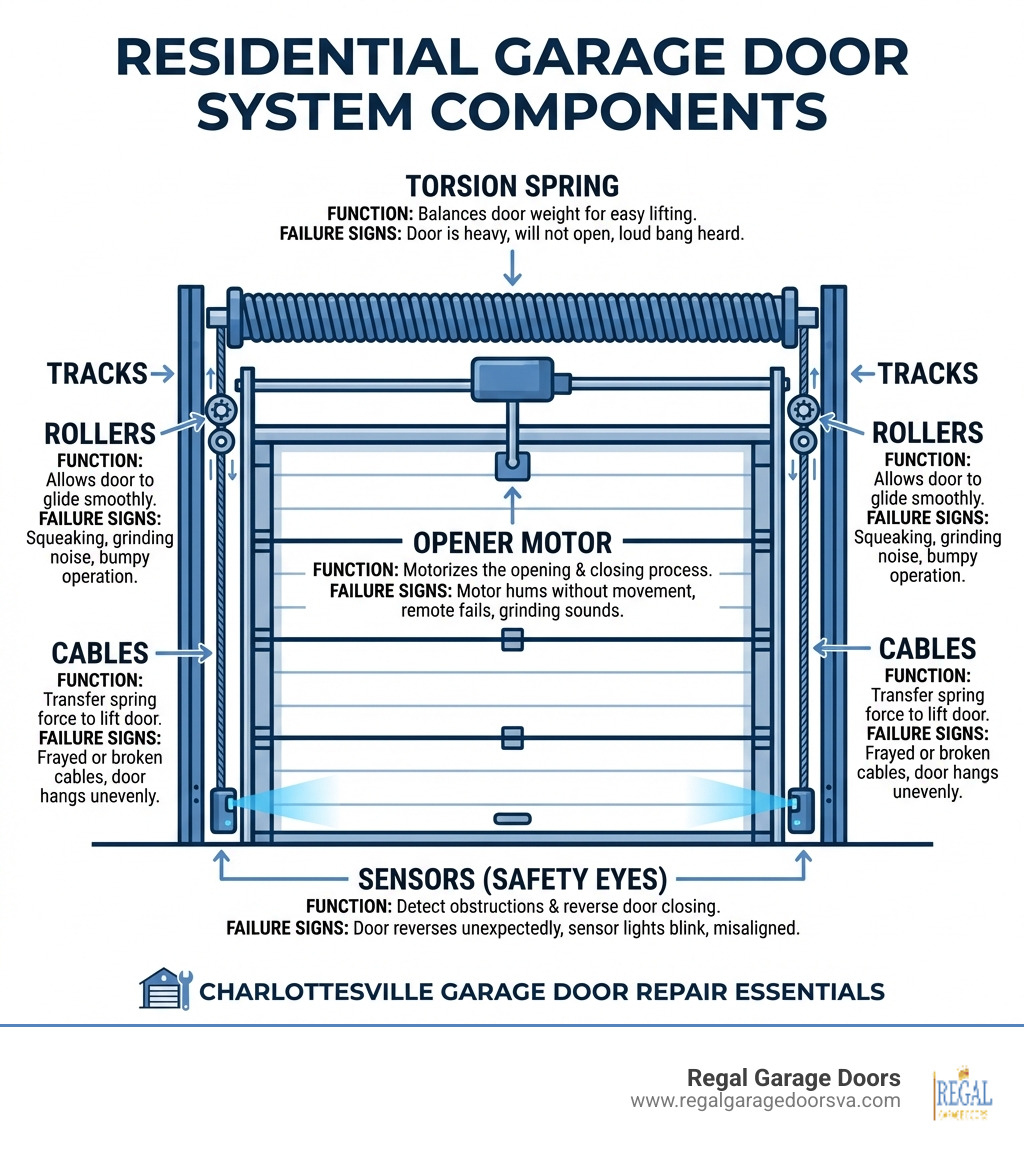 Infographic showing the main components of a residential garage door system including torsion springs, cables, rollers, tracks, sensors, and opener motor with labels explaining each part's function and common failure signs - charlottesville garage door repair infographic 