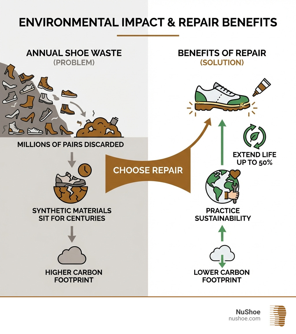 environmental impact of shoe waste infographic showing the volume of footwear discarded annually and the benefits of repair over replacement - strongest shoe glue infographic 