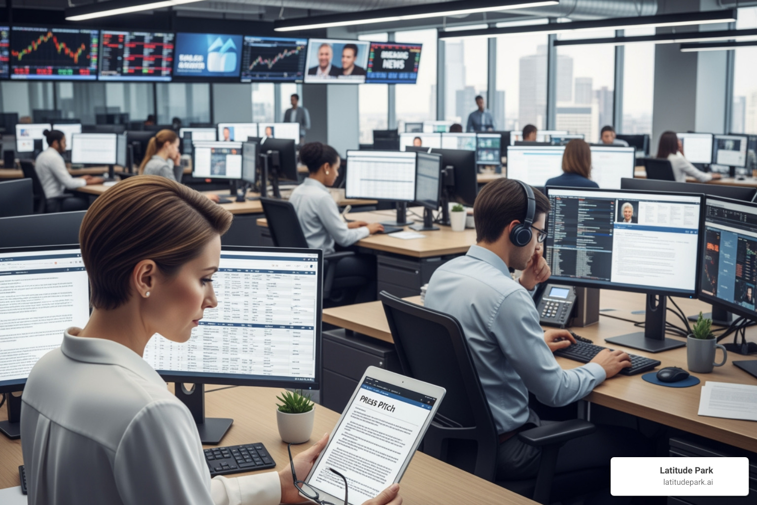 A professional journalist reviewing a digital pitch on a tablet in a modern newsroom setting - press release distribution service