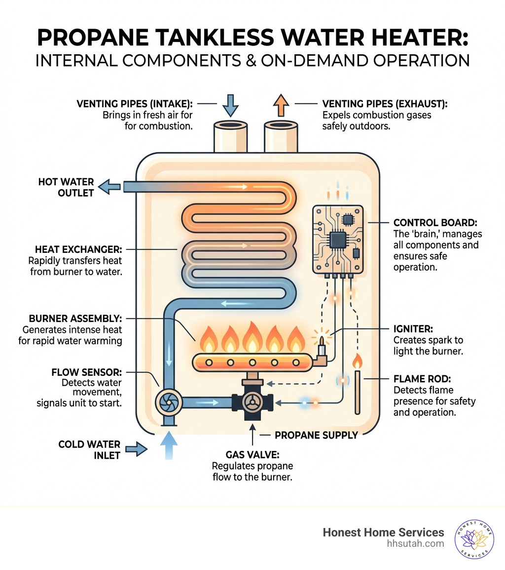 Infographic showing internal components of a propane tankless water heater including the heat exchanger, burner assembly, gas valve, flow sensor, igniter, flame rod, venting pipes, and control board, with labels explaining the function of each component and how they work together to deliver on-demand hot water - propane tankless water heater repair infographic Infographic showing internal components of a propane tankless water heater including the heat exchanger, burner assembly, gas valve, flow sensor, igniter, flame rod, venting pipes, and control board, with labels explaining the function of each component and how they work together to deliver on-demand hot water - propane tankless water heater repair infographic