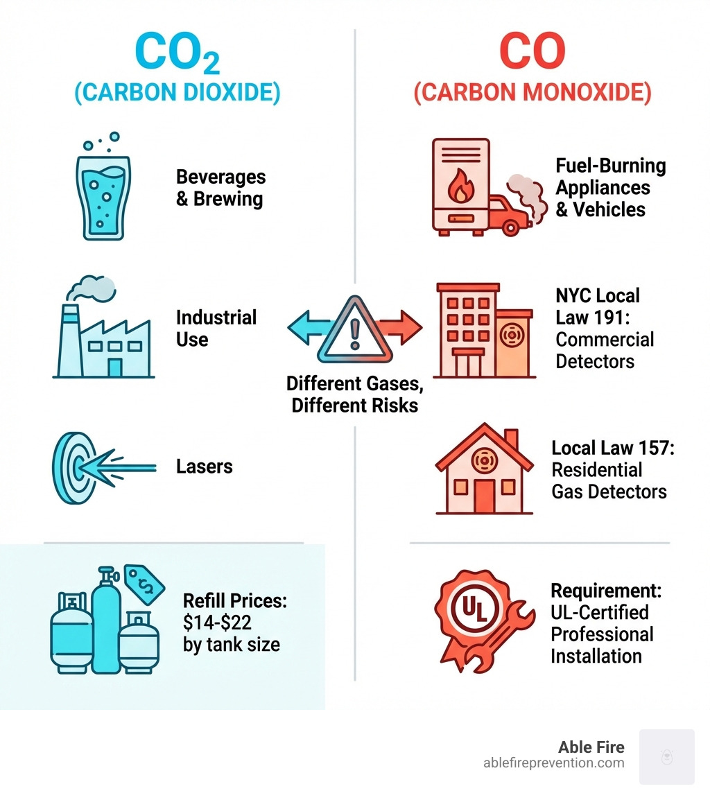 Infographic showing the difference between CO2 and Carbon Monoxide: CO2 sources include beverages, brewing, industrial use, and lasers with refill prices from $14-$22 by tank size; Carbon Monoxide sources include fuel-burning appliances and vehicles, with NYC Local Law 191 requiring commercial CO detectors and Local Law 157 requiring residential gas detectors, both needing UL-certified professional installation - Staten Island CO2 infographic 