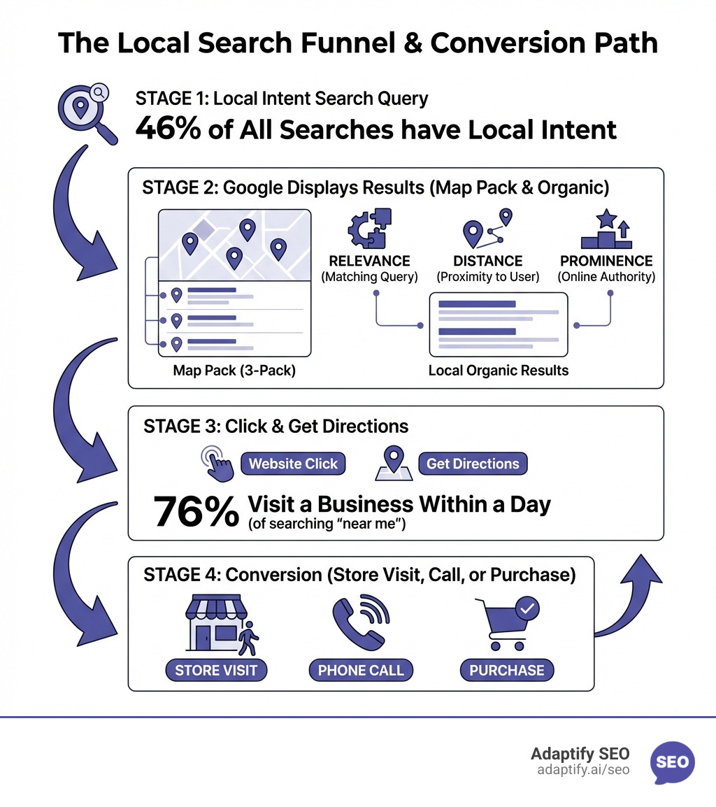 Infographic showing the local search funnel: starting from a user's search query with local intent (46% of all searches), moving to Google displaying the Map Pack and local organic results, then to a user clicking a result or getting directions (76% visit within a day), and finally converting to a store visit, phone call, or purchase — with each stage labeled with key stats and icons representing relevance, distance, and prominence as Google's ranking factors - Local SEO Strategies infographic