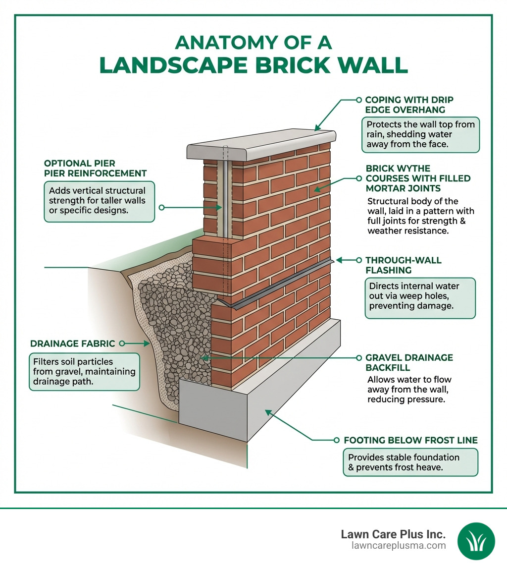 Infographic showing the anatomy of a landscape brick wall including labeled components: footing below frost line, gravel drainage backfill, drainage fabric, brick wythe courses with filled mortar joints, through-wall flashing, coping with drip edge overhang, and optional pier reinforcement — with callouts explaining the function of each layer - landscape brick wall infographic 