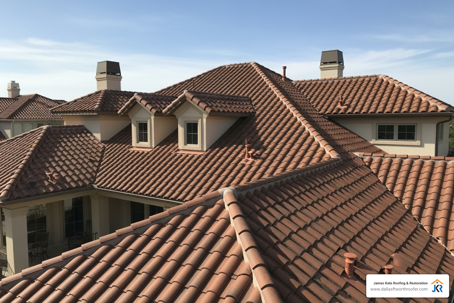 Complex residential roof with multiple valleys and dormers - cost to replace underlayment on tile roof Complex residential roof with multiple valleys and dormers - cost to replace underlayment on tile roof