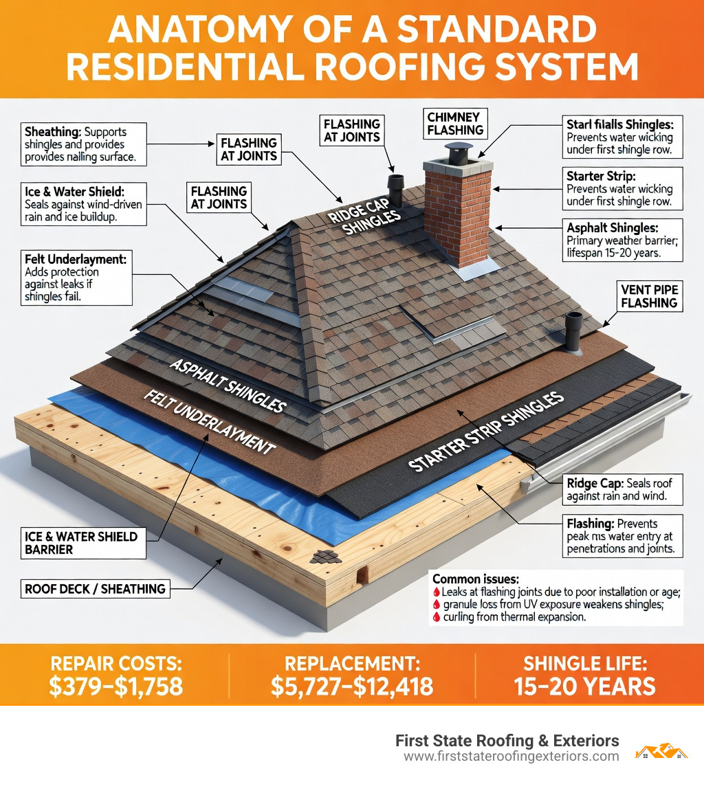 Infographic showing the anatomy of a standard residential roofing system, including layers from bottom to top: roof deck/sheathing, ice and water shield barrier, felt underlayment, starter strip shingles, asphalt shingles, ridge cap shingles, and flashing at joints, chimneys, and vents — with callout labels explaining the protective function of each layer and common failure points where leaks and damage typically begin - residential roof repairs infographic Infographic showing the anatomy of a standard residential roofing system, including layers from bottom to top: roof deck/sheathing, ice and water shield barrier, felt underlayment, starter strip shingles, asphalt shingles, ridge cap shingles, and flashing at joints, chimneys, and vents — with callout labels explaining the protective function of each layer and common failure points where leaks and damage typically begin - residential roof repairs infographic