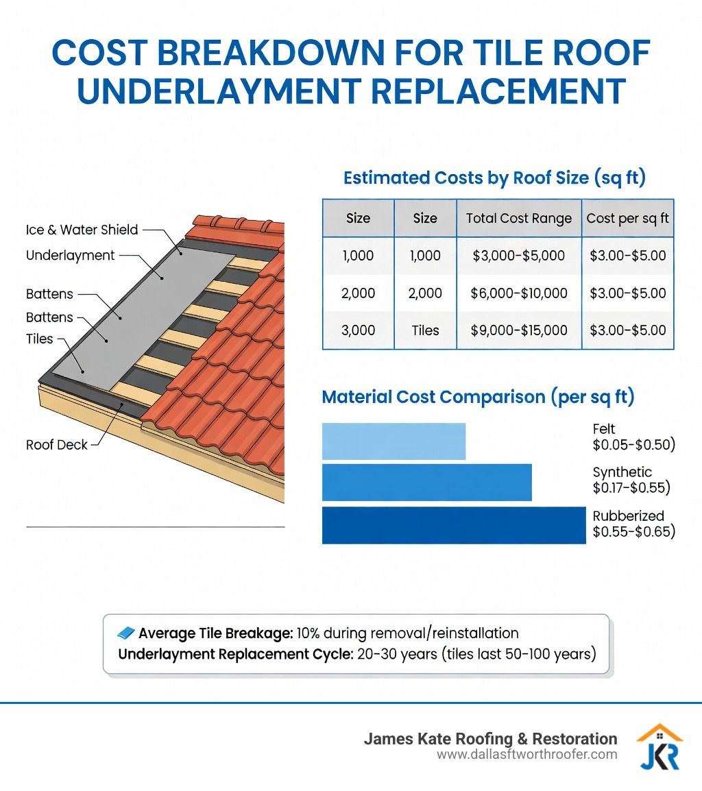 Infographic showing cost breakdown for tile roof underlayment replacement including a cross-section of a tile roof system with labeled layers (roof deck, ice and water shield, underlayment, battens, tiles), a cost table by roof size (1000/2000/3000 sq ft), material cost comparison bar chart for felt vs synthetic vs rubberized, and a callout noting 10% average tile breakage and 20-30 year replacement cycle - cost to replace underlayment on tile roof infographic Infographic showing cost breakdown for tile roof underlayment replacement including a cross-section of a tile roof system with labeled layers (roof deck, ice and water shield, underlayment, battens, tiles), a cost table by roof size (1000/2000/3000 sq ft), material cost comparison bar chart for felt vs synthetic vs rubberized, and a callout noting 10% average tile breakage and 20-30 year replacement cycle - cost to replace underlayment on tile roof infographic