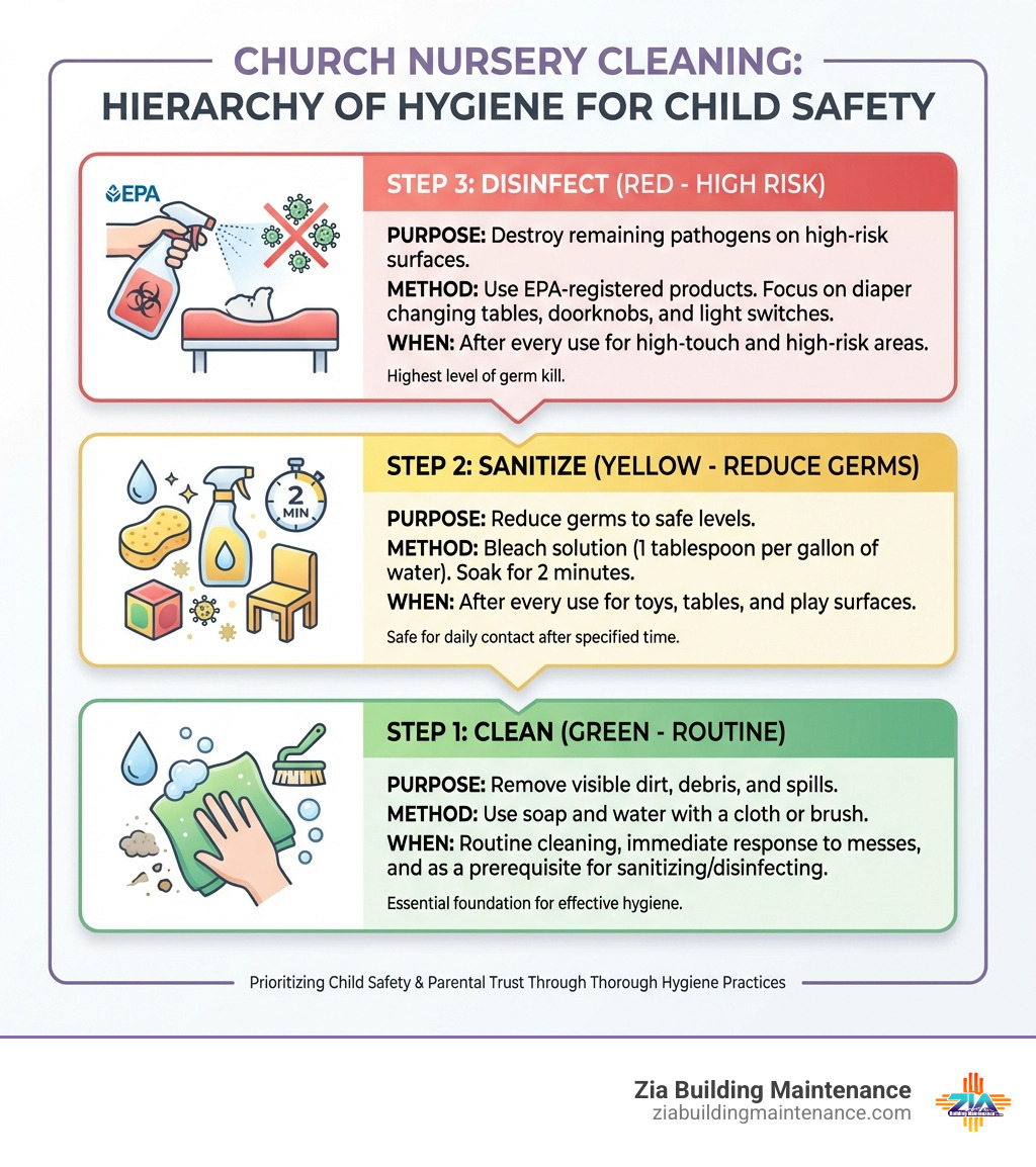 Infographic showing the hierarchy of church nursery cleaning: Step 1 - Clean (remove visible dirt and debris with soap and water), Step 2 - Sanitize (reduce germs to safe levels using a bleach solution of 1 tablespoon per gallon of water, soak for 2 minutes), Step 3 - Disinfect (destroy remaining pathogens on high-risk surfaces like diaper changing tables and doorknobs using EPA-registered products); each step shown with icons, color-coded in green, yellow, and red, with notes on when each step applies in a nursery setting - church nursery cleaning infographic Infographic showing the hierarchy of church nursery cleaning: Step 1 - Clean (remove visible dirt and debris with soap and water), Step 2 - Sanitize (reduce germs to safe levels using a bleach solution of 1 tablespoon per gallon of water, soak for 2 minutes), Step 3 - Disinfect (destroy remaining pathogens on high-risk surfaces like diaper changing tables and doorknobs using EPA-registered products); each step shown with icons, color-coded in green, yellow, and red, with notes on when each step applies in a nursery setting - church nursery cleaning infographic