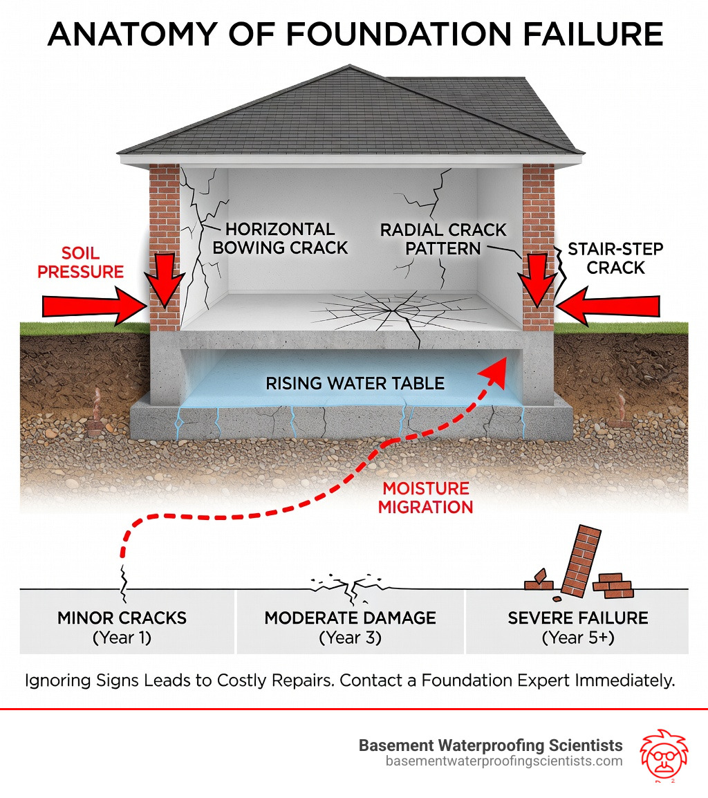 Infographic showing the anatomy of foundation failure: soil pressure arrows pushing against foundation walls, water table rising beneath a slab, crawlspace moisture traveling upward, visible crack patterns on walls and floors, and a timeline showing how minor cracks escalate to structural failure without intervention - home foundation repair service infographic 