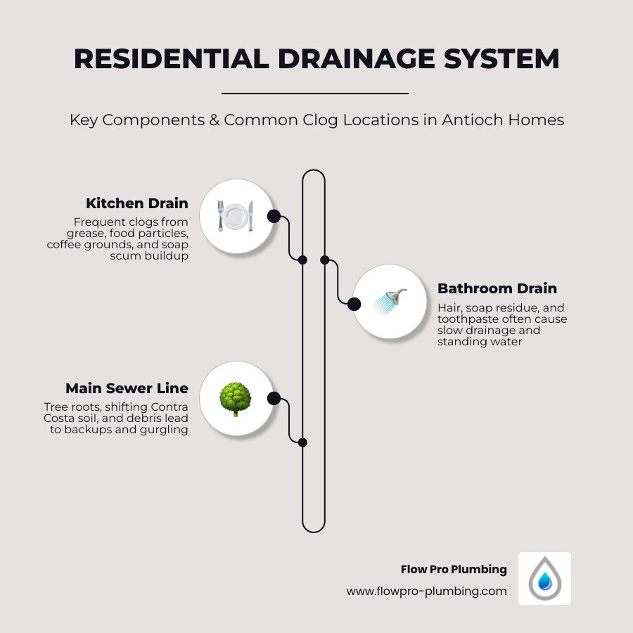 Infographic showing the residential drainage system in an Antioch home, including labeled components such as kitchen drain, bathroom drain, P-trap, main sewer line, and common clog locations, with icons for typical clog causes like hair, grease, and tree roots, alongside recommended cleaning frequency and warning signs that indicate professional service is needed - drain cleaning in antioch, ca infographic infographic-line-3-steps-elegant_beige Infographic showing the residential drainage system in an Antioch home, including labeled components such as kitchen drain, bathroom drain, P-trap, main sewer line, and common clog locations, with icons for typical clog causes like hair, grease, and tree roots, alongside recommended cleaning frequency and warning signs that indicate professional service is needed - drain cleaning in antioch, ca infographic infographic-line-3-steps-elegant_beige