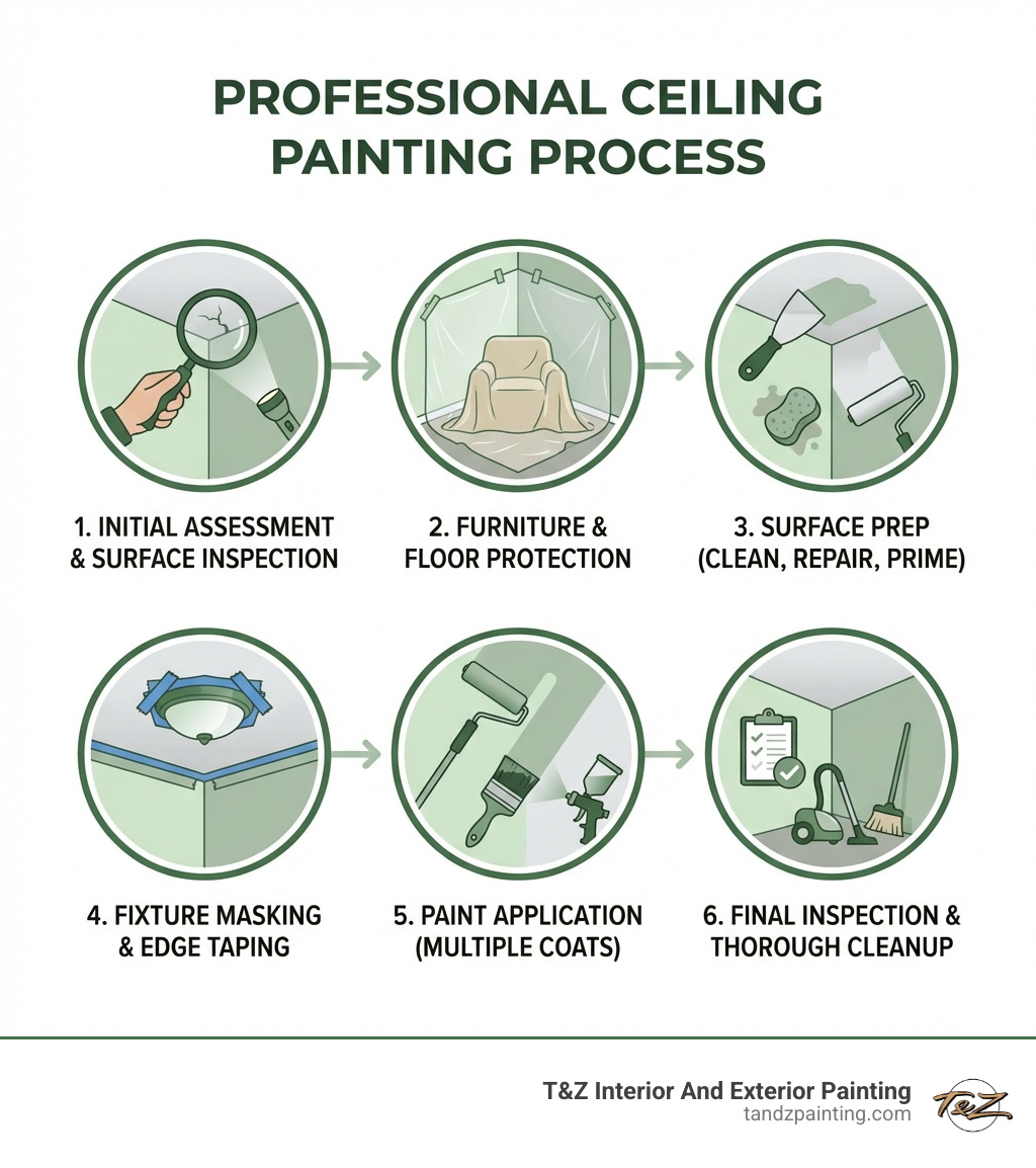 Step-by-step infographic showing the professional ceiling painting process: Step 1 - Initial assessment and surface inspection; Step 2 - Furniture and floor protection with drop cloths and plastic sheeting; Step 3 - Surface preparation including cleaning, crack repair, and priming; Step 4 - Fixture masking and edge taping; Step 5 - Paint application using rollers, brushes, or spray equipment with multiple coats; Step 6 - Final inspection and thorough cleanup - ceiling painting services infographic 