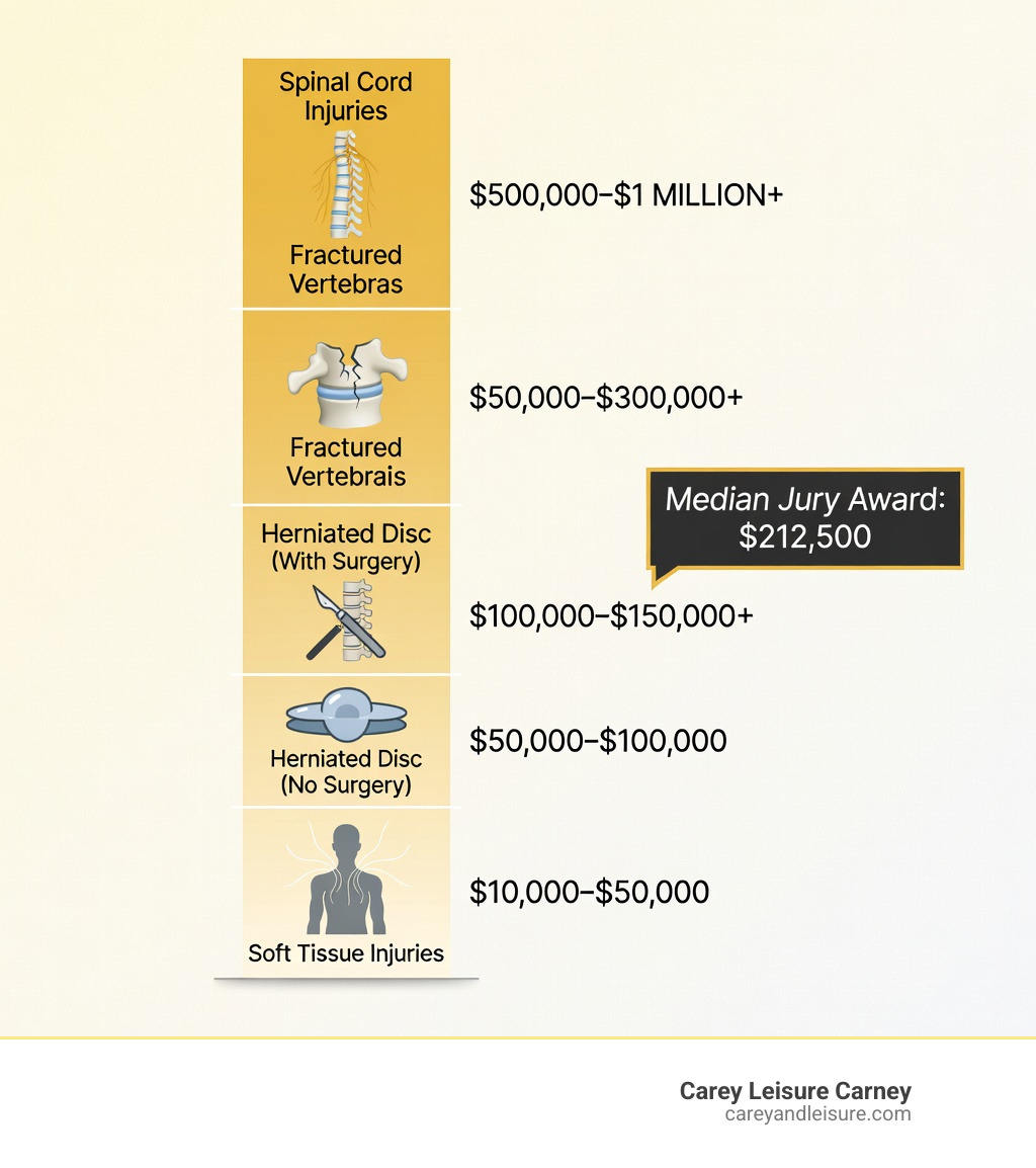 Infographic showing back injury settlement ranges by injury type, with a vertical scale from $10,000 to over $1 million; soft tissue injuries at the bottom ($10,000–$50,000), herniated disc without surgery in the middle ($50,000–$100,000), herniated disc with surgery above that ($100,000–$150,000+), fractured vertebrae further up ($50,000–$300,000), and spinal cord injuries at the top ($500,000–$1 million+); with icons representing each injury type and a note that the median jury award is $212,500 - back pain after car accident compensation infographic 