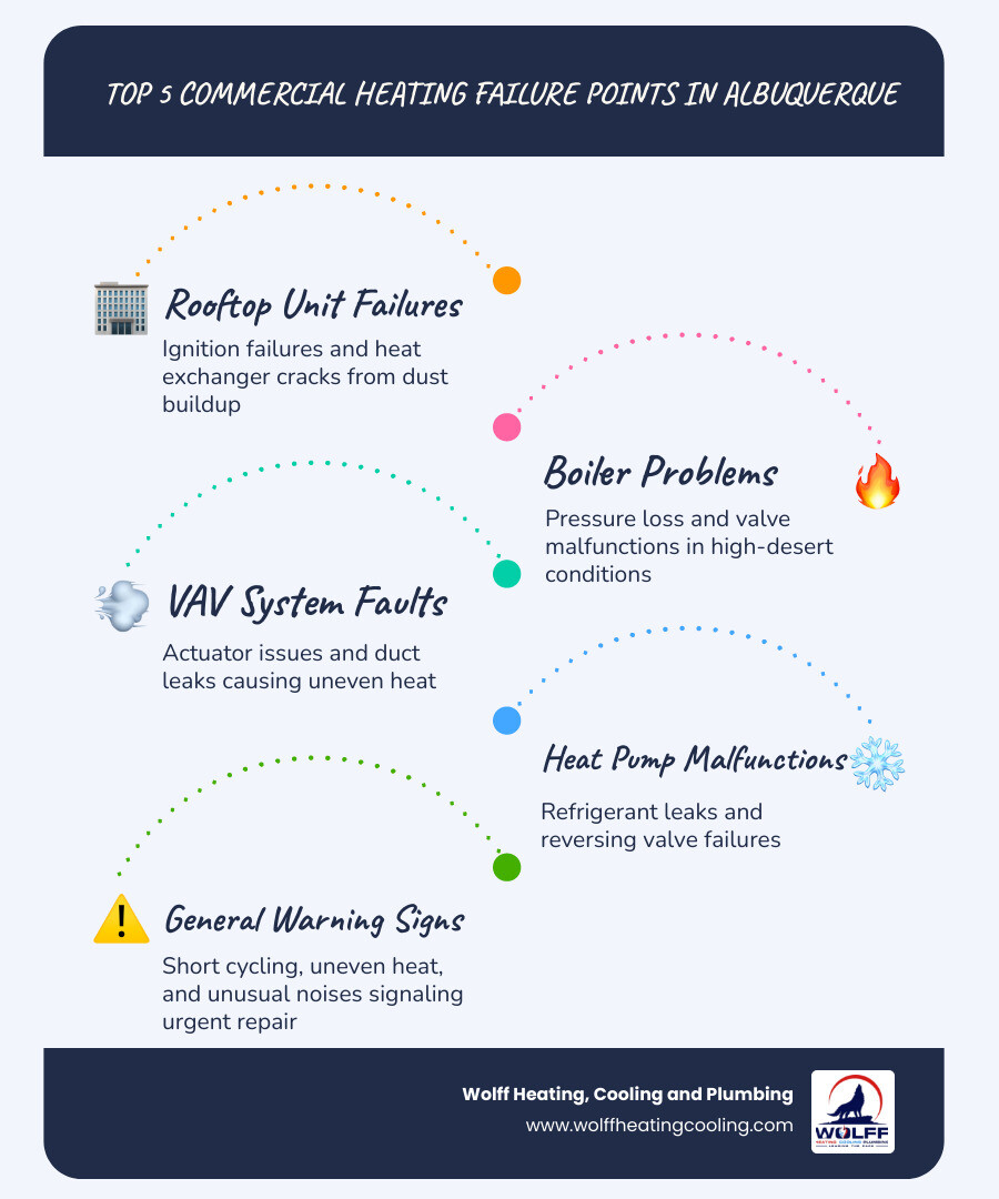 Infographic showing the most common commercial heating system failure points in Albuquerque NM, including sections for rooftop unit failures such as ignition and heat exchanger issues, boiler problems such as pressure loss and valve failures, VAV system faults such as actuator and duct leaks, heat pump malfunctions such as refrigerant loss and reversing valve issues, and general system warning signs such as short cycling, uneven heat distribution, and unusual noises, with icons for each failure type and a callout box highlighting the importance of 24/7 emergency repair response in high-desert climates - commercial heating repair in albuquerque, nm infographic infographic-line-5-steps-blues-accent_colors Infographic showing the most common commercial heating system failure points in Albuquerque NM, including sections for rooftop unit failures such as ignition and heat exchanger issues, boiler problems such as pressure loss and valve failures, VAV system faults such as actuator and duct leaks, heat pump malfunctions such as refrigerant loss and reversing valve issues, and general system warning signs such as short cycling, uneven heat distribution, and unusual noises, with icons for each failure type and a callout box highlighting the importance of 24/7 emergency repair response in high-desert climates - commercial heating repair in albuquerque, nm infographic infographic-line-5-steps-blues-accent_colors