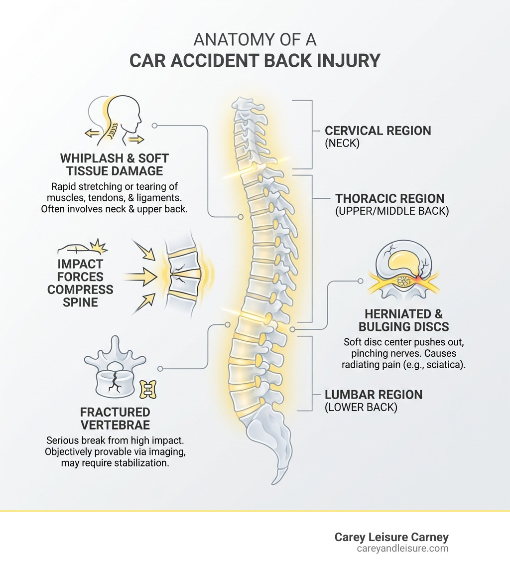 Anatomy of a car accident back injury showing the spinal column with highlighted areas for cervical, thoracic, and lumbar regions; callouts explaining whiplash, herniated discs, and fractured vertebrae; and a diagram of how impact forces compress the spine - back pain after car accident compensation infographic 