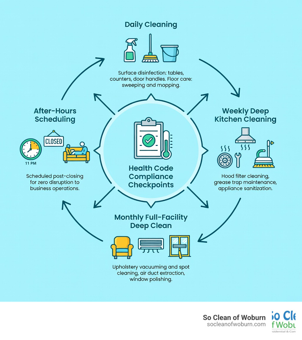 Infographic showing the restaurant cleaning cycle: daily surface disinfection and floor care, weekly deep kitchen cleaning of hoods and grease traps, monthly full-facility deep clean including upholstery and air ducts, after-hours scheduling for zero business disruption, and health code compliance checkpoints at each stage - restaurant commercial cleaning services infographic 