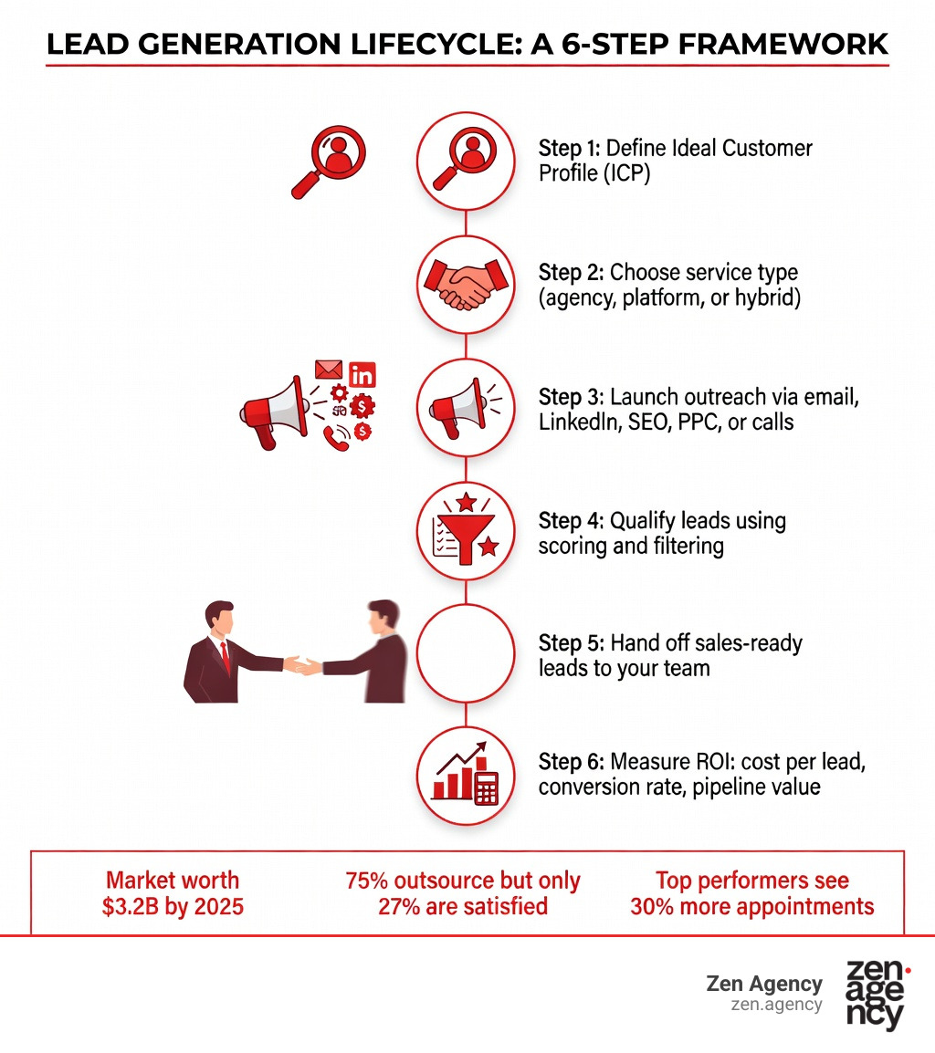 Infographic showing the lead generation lifecycle: Step 1 - Define Ideal Customer Profile (ICP); Step 2 - Choose service type (agency, platform, or hybrid); Step 3 - Launch outreach via email, LinkedIn, SEO, PPC, or calls; Step 4 - Qualify leads using scoring and filtering; Step 5 - Hand off sales-ready leads to your team; Step 6 - Measure ROI: cost per lead, conversion rate, pipeline value; Key stats: market worth $3.2B by 2025, 75% outsource but only 27% are satisfied, top performers see 30% more appointments - lead generation services infographic Infographic showing the lead generation lifecycle: Step 1 - Define Ideal Customer Profile (ICP); Step 2 - Choose service type (agency, platform, or hybrid); Step 3 - Launch outreach via email, LinkedIn, SEO, PPC, or calls; Step 4 - Qualify leads using scoring and filtering; Step 5 - Hand off sales-ready leads to your team; Step 6 - Measure ROI: cost per lead, conversion rate, pipeline value; Key stats: market worth $3.2B by 2025, 75% outsource but only 27% are satisfied, top performers see 30% more appointments - lead generation services infographic