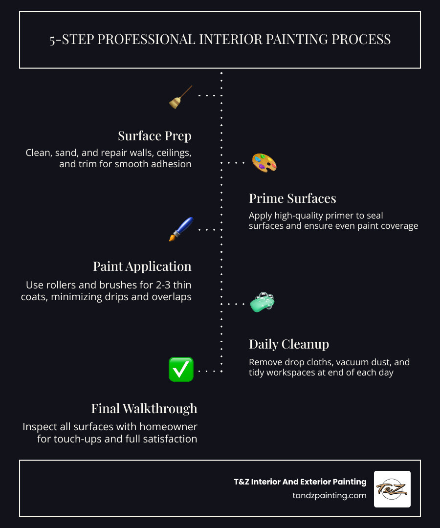 Infographic showing the 6-step professional interior painting process: Step 1 Color Selection with paint swatches, Step 2 Protect the Area with drop cloths over furniture, Step 3 Prepare Surfaces with sanding and priming, Step 4 Apply New Paint with roller and brush, Step 5 Daily Cleanup with tidy workspace, Step 6 Final Walkthrough with homeowner approval checkmark — all displayed in a clean vertical flowchart with icons for each step - interior house painter elmhurst infographic infographic-line-5-steps-dark