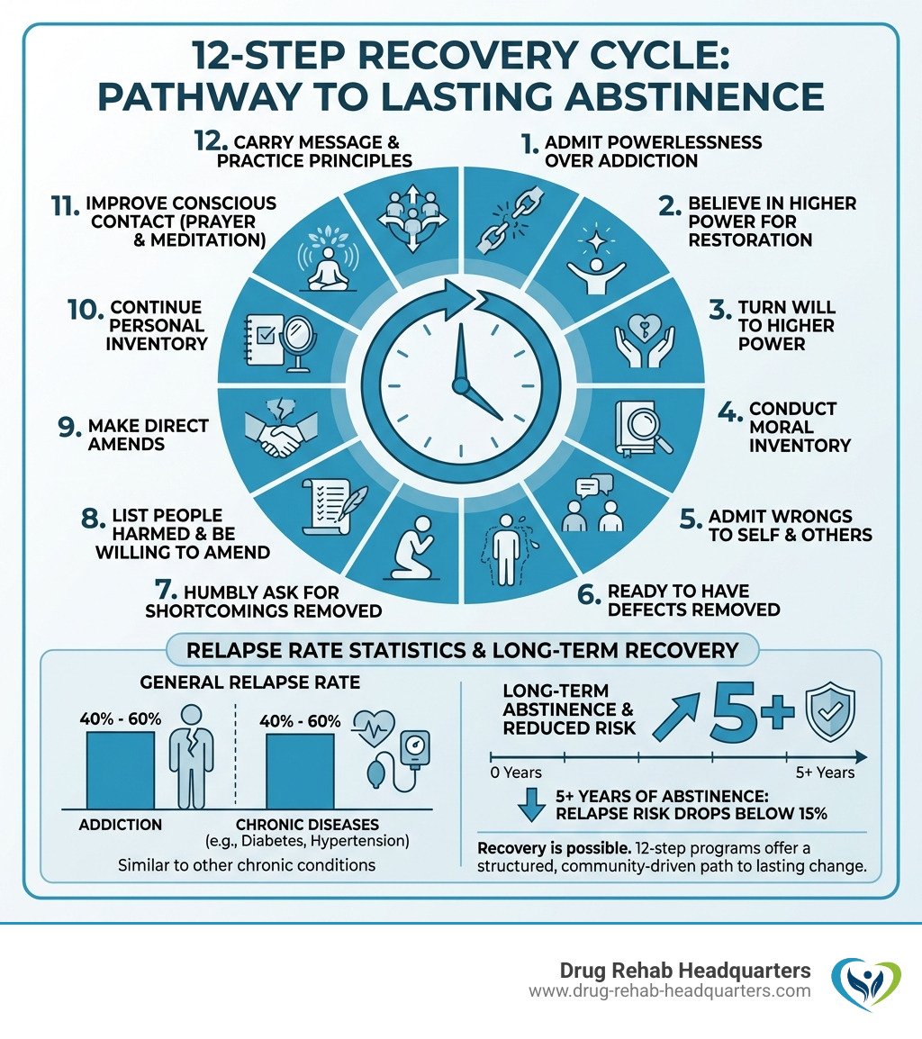Infographic showing the 12-step recovery cycle: Step 1 admitting powerlessness over addiction, Step 2 believing a higher power can restore sanity, Step 3 turning will over to a higher power, Step 4 conducting a moral inventory, Step 5 admitting wrongs to self and others, Step 6 being ready to have defects removed, Step 7 humbly asking for shortcomings to be removed, Step 8 listing people harmed and being willing to make amends, Step 9 making direct amends where possible, Step 10 continuing personal inventory, Step 11 using prayer and meditation to improve conscious contact with a higher power, Step 12 carrying the message to others and practicing principles in all affairs — with relapse rate statistics and a note that 5+ years of abstinence drops relapse risk below 15% - 12 step rehab colorado infographic 
