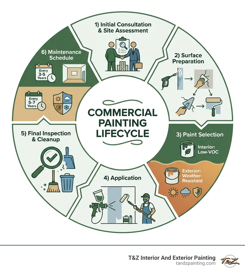 Infographic showing the commercial painting lifecycle: 1) Initial consultation and site assessment, 2) Surface preparation including power washing, patching, and priming, 3) Paint selection - low-VOC for interiors, weather-resistant for exteriors, 4) Application with professional equipment, 5) Final inspection and cleanup, 6) Maintenance schedule - interior every 3-5 years, exterior every 5-7 years; with icons for each stage and color-coded interior vs exterior comparison - commercial interior and exterior painting infographic Infographic showing the commercial painting lifecycle: 1) Initial consultation and site assessment, 2) Surface preparation including power washing, patching, and priming, 3) Paint selection - low-VOC for interiors, weather-resistant for exteriors, 4) Application with professional equipment, 5) Final inspection and cleanup, 6) Maintenance schedule - interior every 3-5 years, exterior every 5-7 years; with icons for each stage and color-coded interior vs exterior comparison - commercial interior and exterior painting infographic