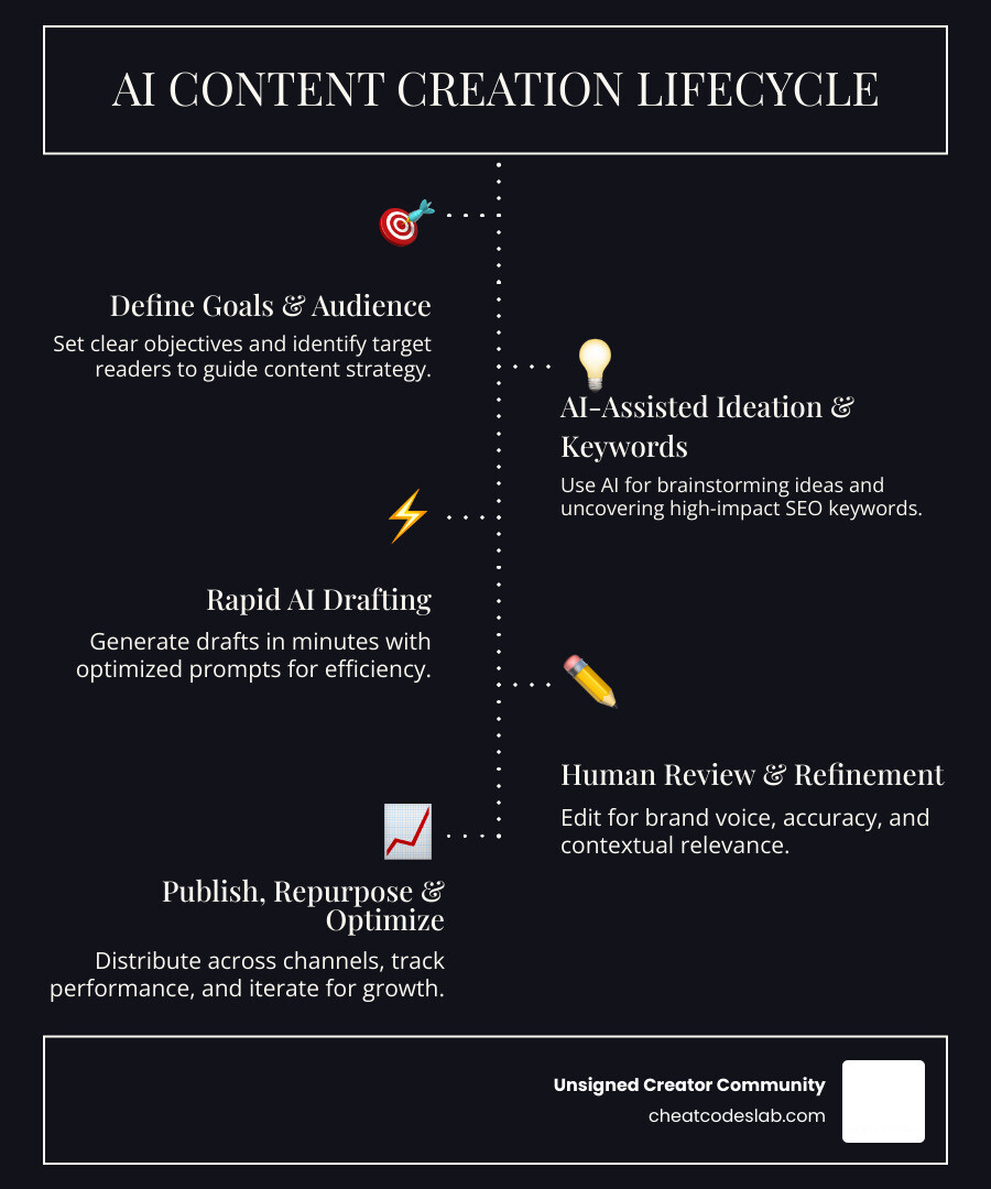 AI content creation lifecycle infographic showing 6 stages: 1. Define Goals and Audience, 2. AI-Assisted Ideation and Keyword Research, 3. Rapid AI Drafting with Prompt Engineering, 4. Human Review and Brand Voice Refinement, 5. Multi-Channel Publishing and Content Repurposing, 6. Performance Tracking and Strategy Optimization — with icons and arrows connecting each stage in a circular flow - AI-powered content creation infographic infographic-line-5-steps-dark