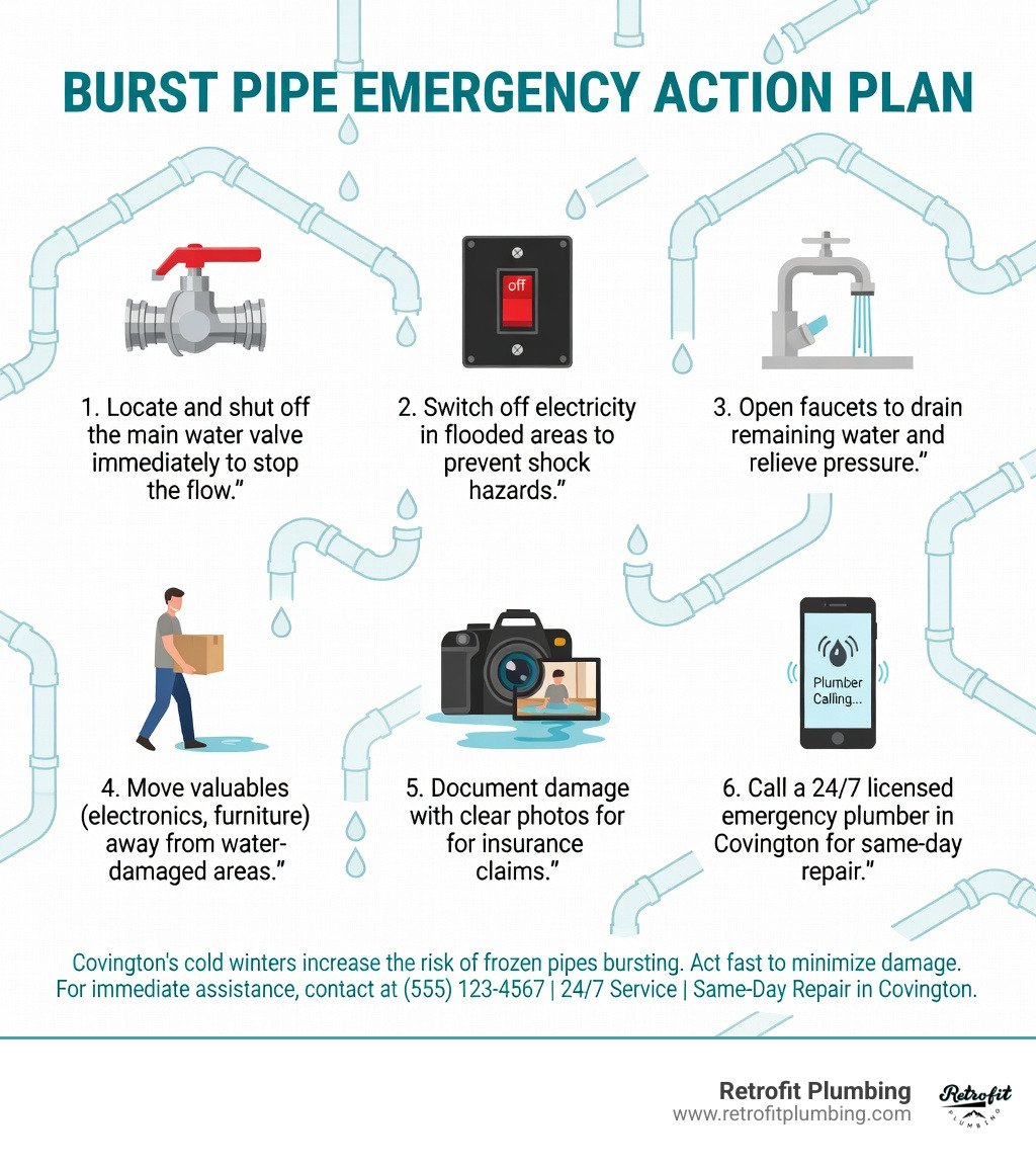 Step-by-step infographic showing immediate actions for a burst pipe emergency in Covington: 1) Locate and shut off the main water valve, 2) Switch off electricity in flooded areas, 3) Open faucets to relieve pipe pressure, 4) Move valuables away from water, 5) Document damage with photos, 6) Call a 24/7 licensed emergency plumber in Covington for same-day repair - burst pipe emergency Covington infographic 